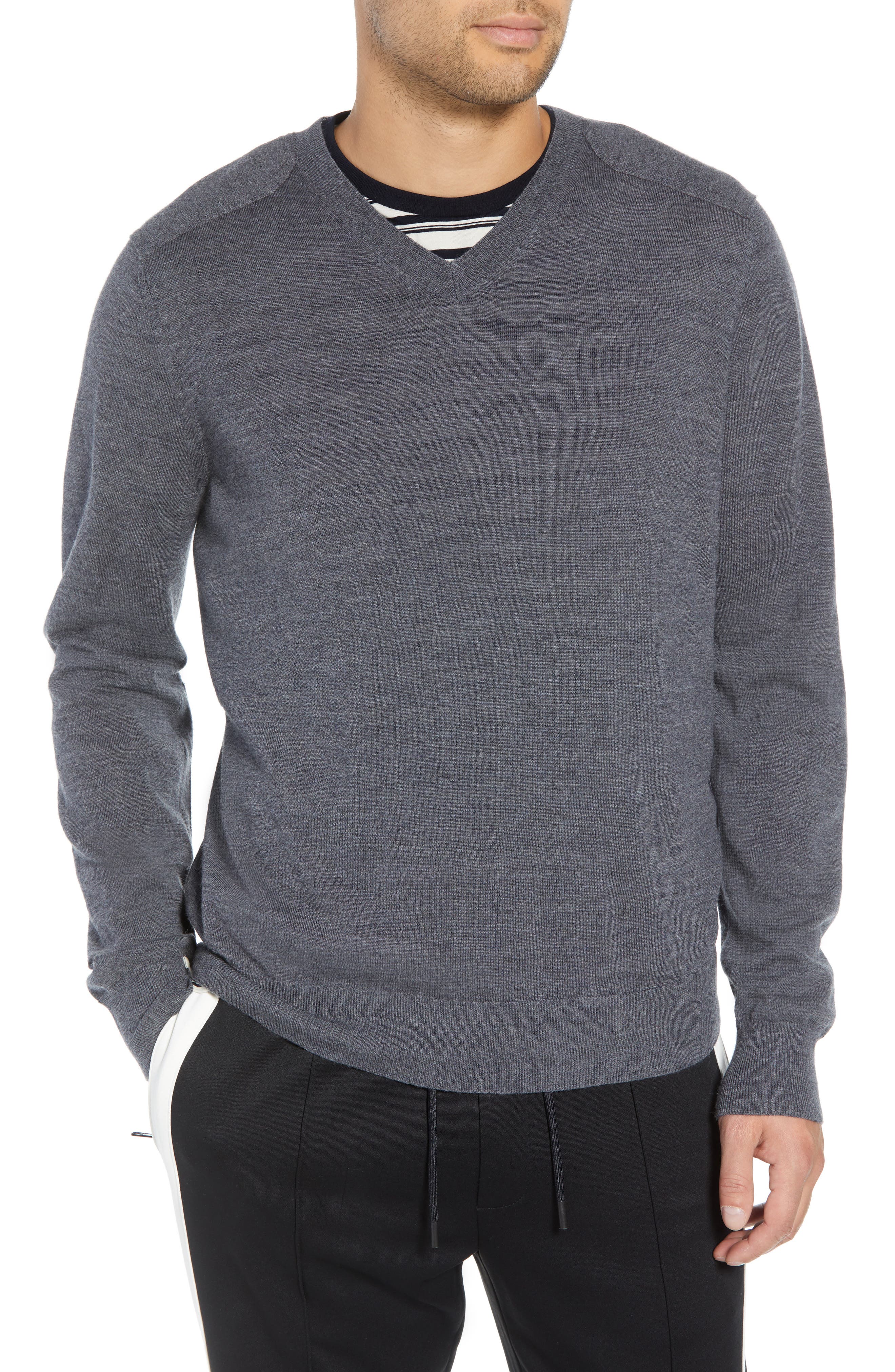 Vince Regular Fit Elbow Patch Merino Wool Sweater, Grey