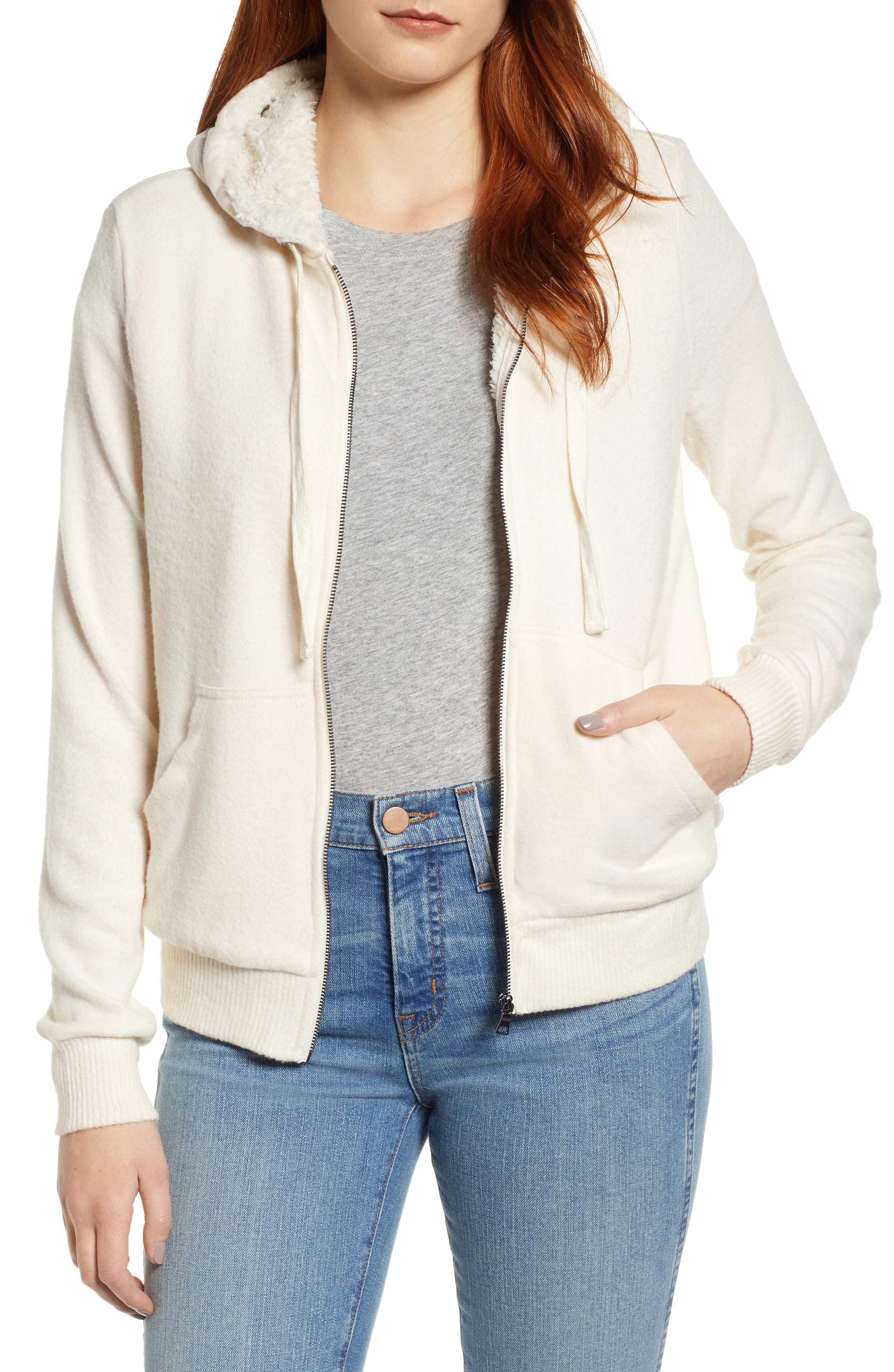 Bobeau Fleece Lined Hooded Jacket, White