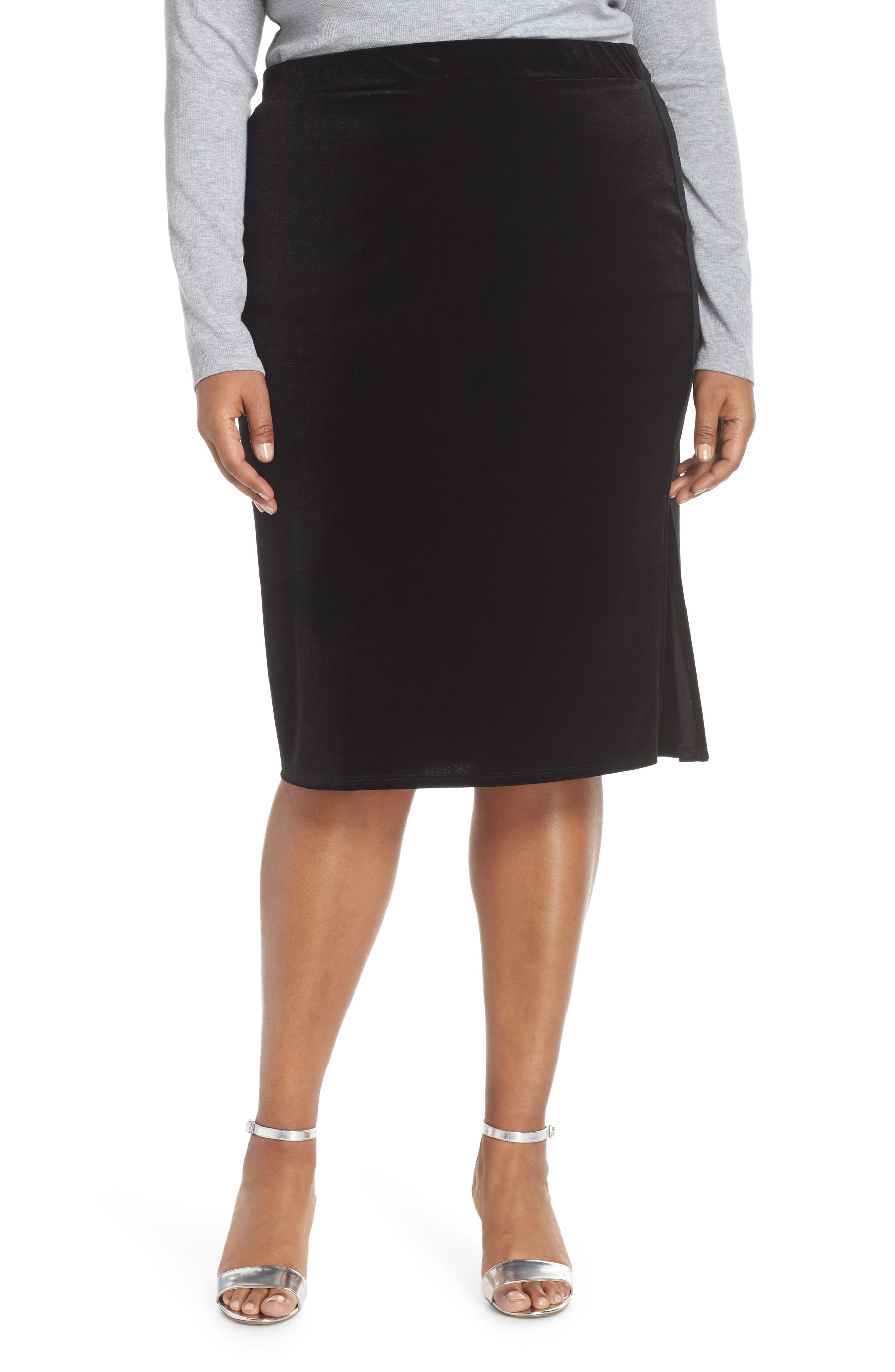 Plus Size Halogen Velvet Side Slit Pencil Skirt, Black