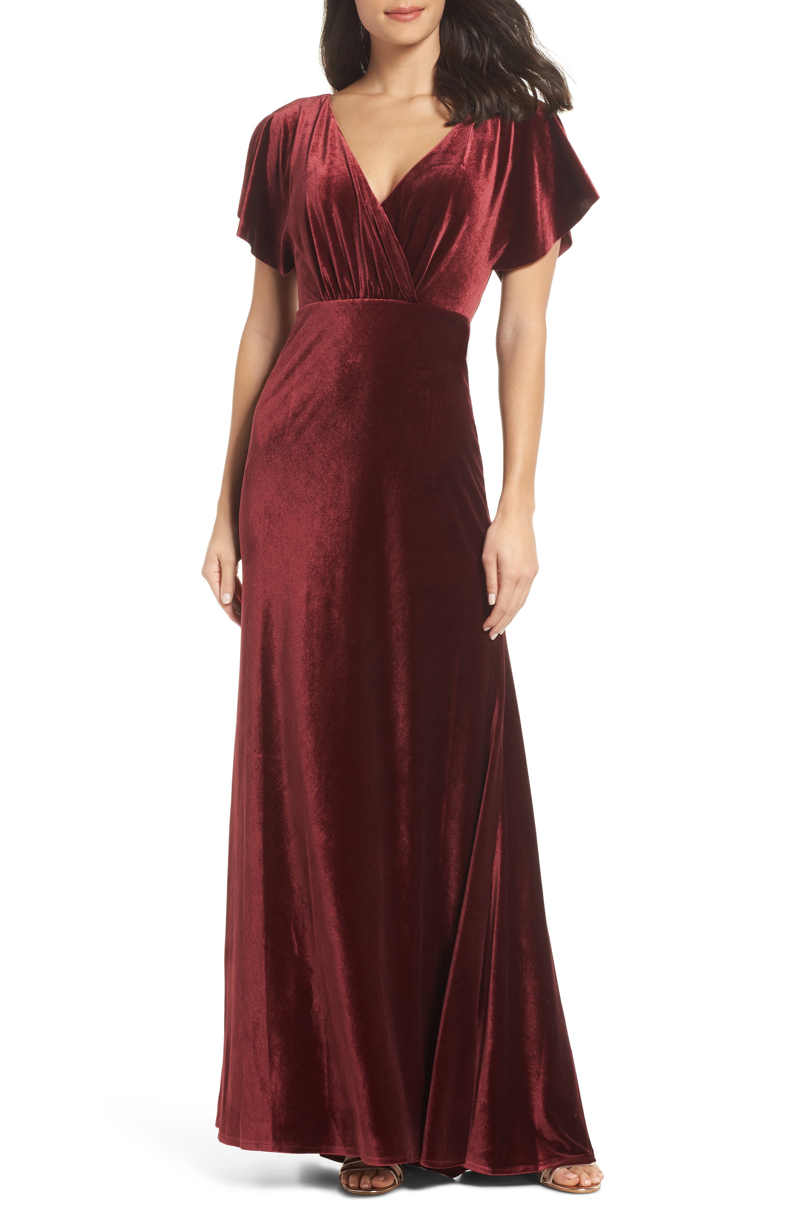 Jenny Yoo Ellis Flutter Sleeve Stretch Velvet Gown, Red
