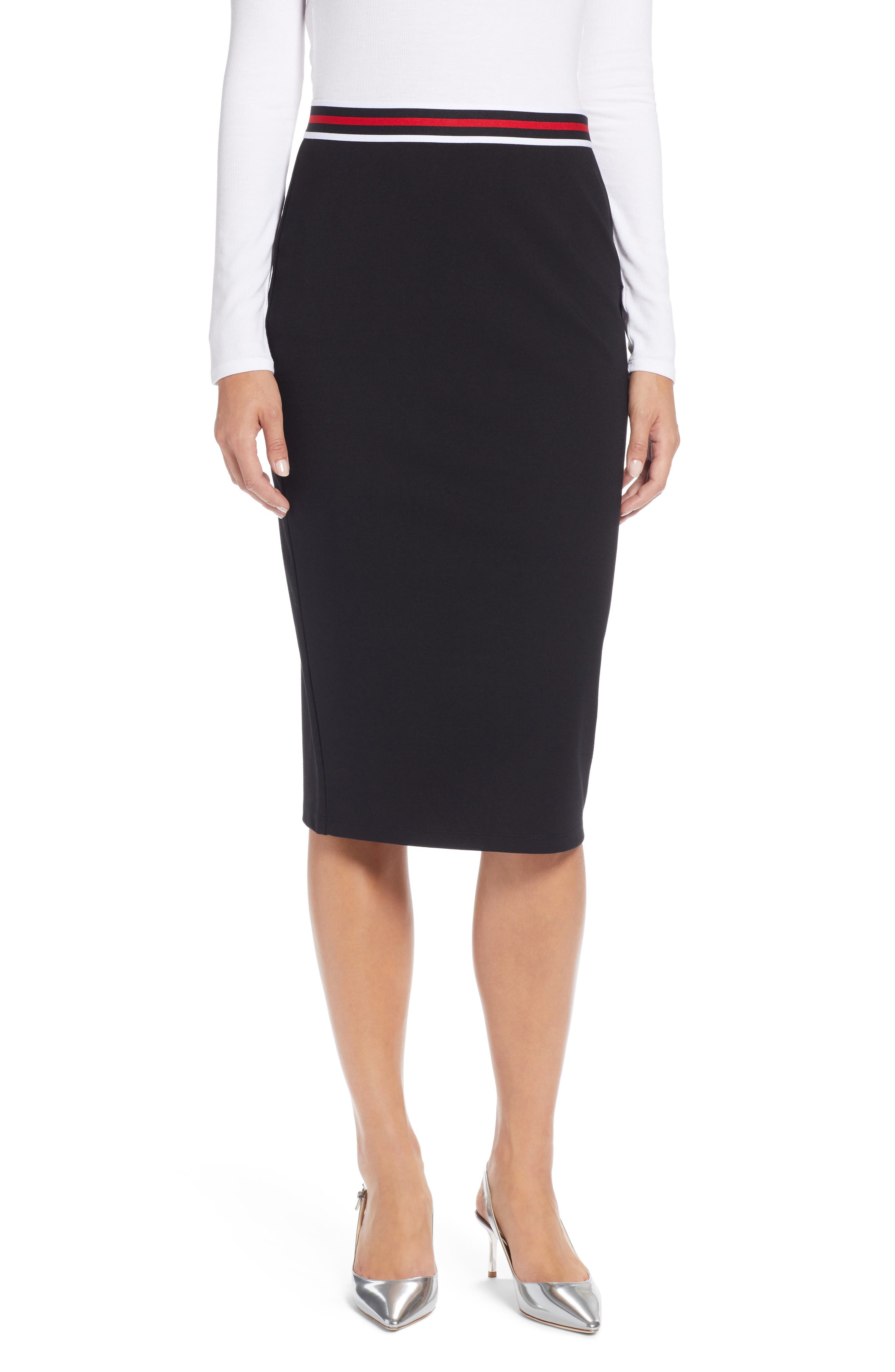 Halogen Stripe Waist Knit Pencil Skirt, Black