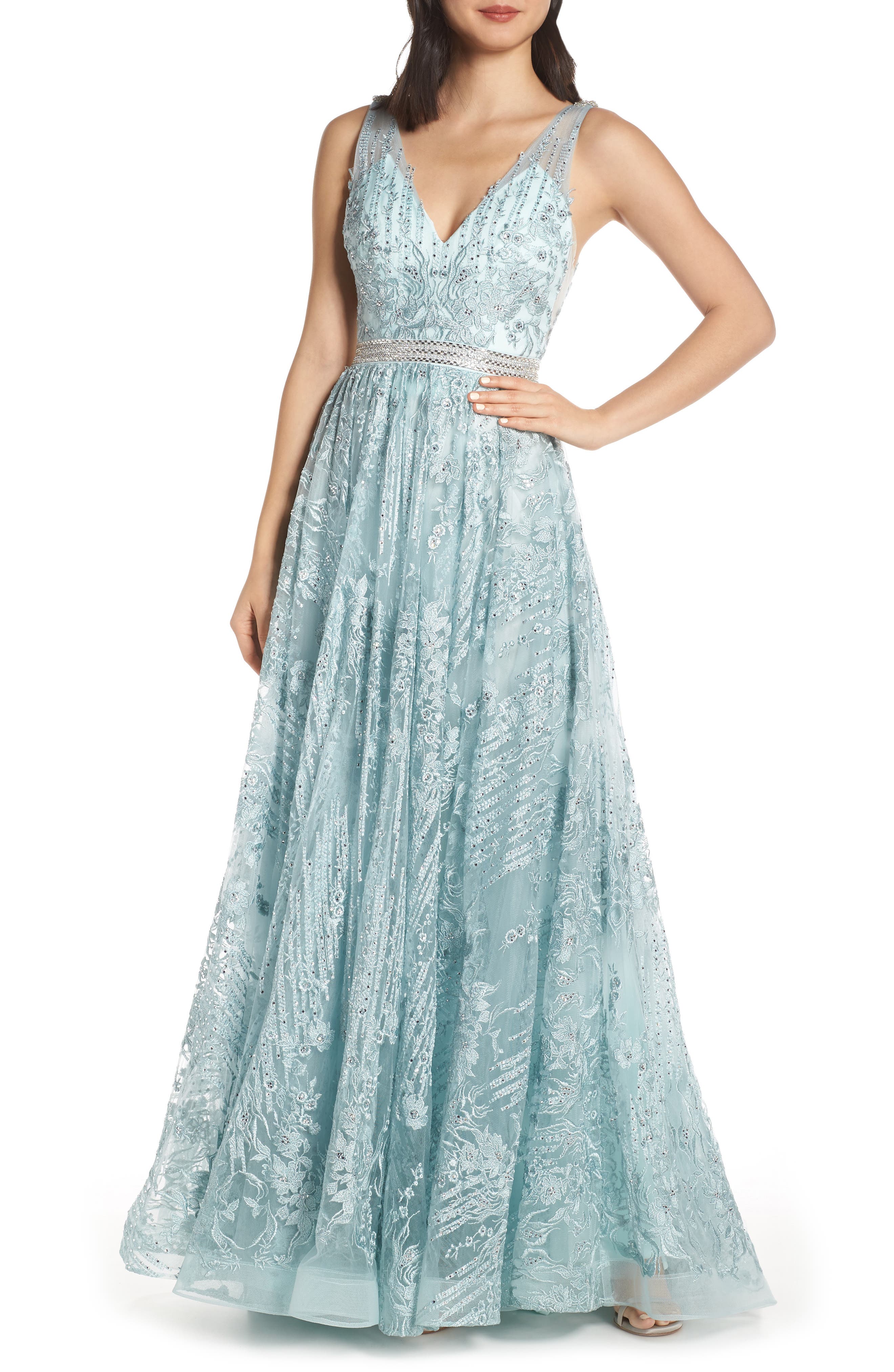 MAC Duggal Beaded & Embroidered Chiffon Evening Dress, Blue