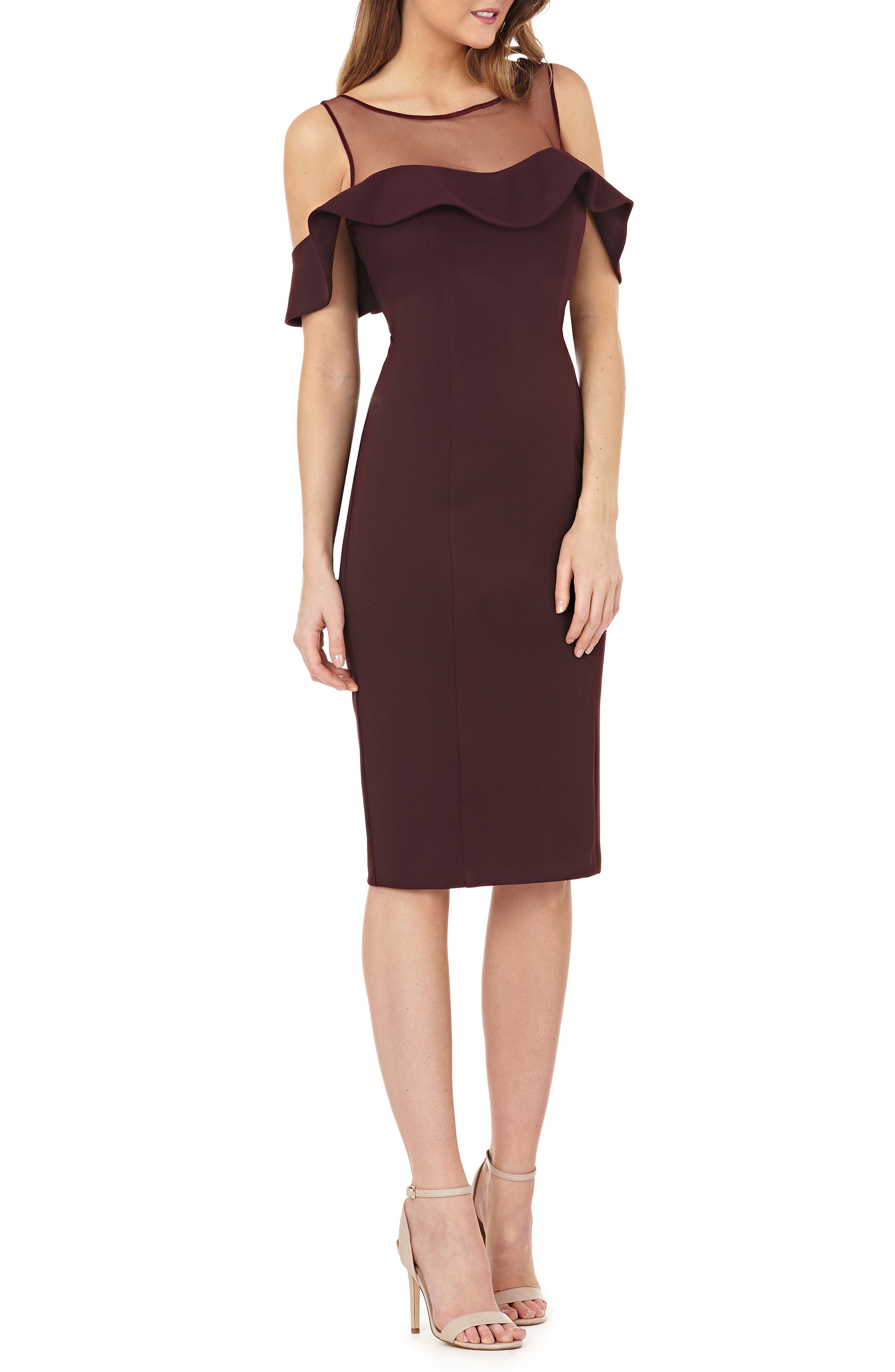 Js Collections Illusion Neck Ruffle Sleeve Cocktail Dress, Burgundy