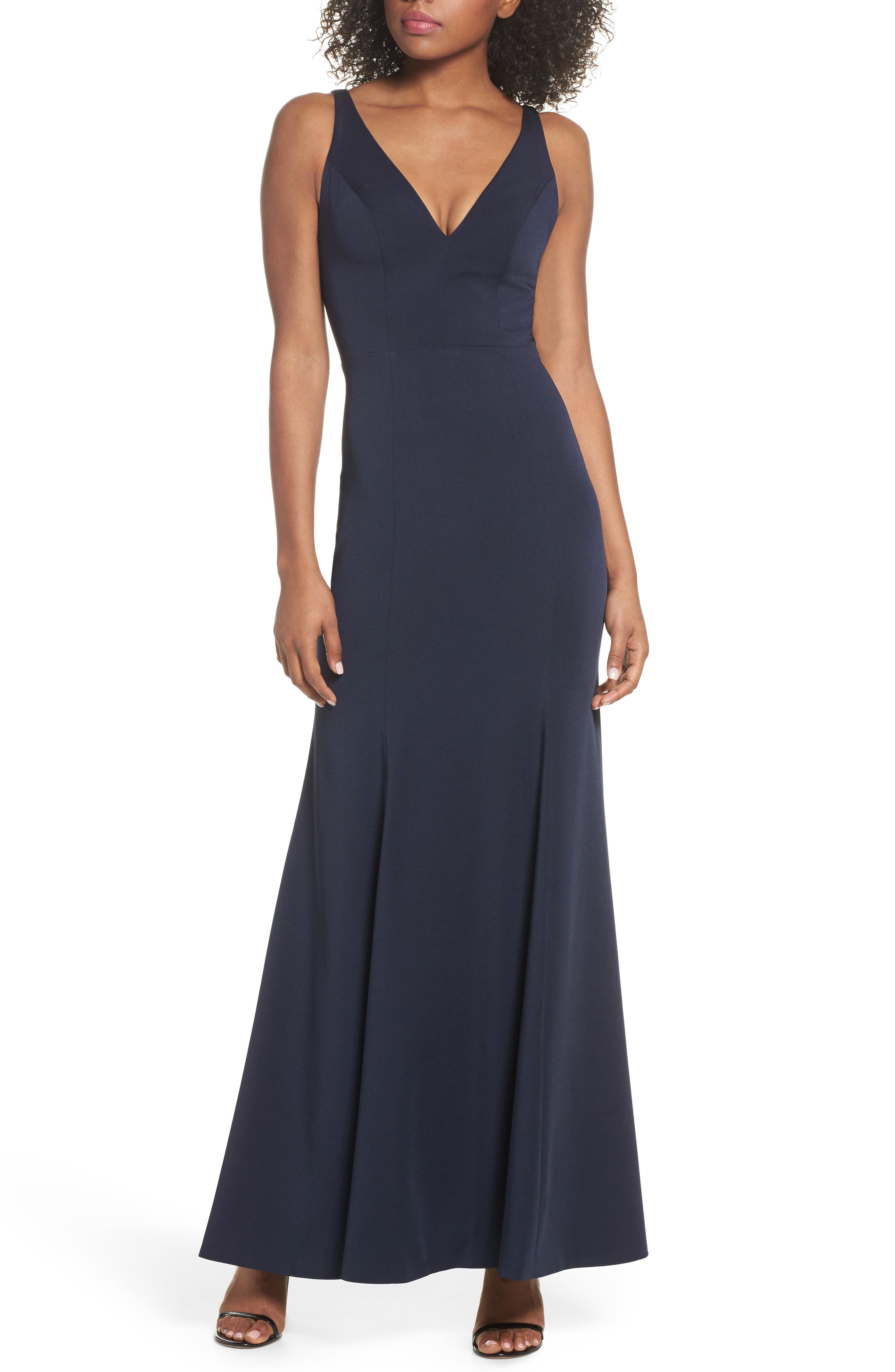 Jenny Yoo Jade Luxe Crepe V-Neck Gown, Blue