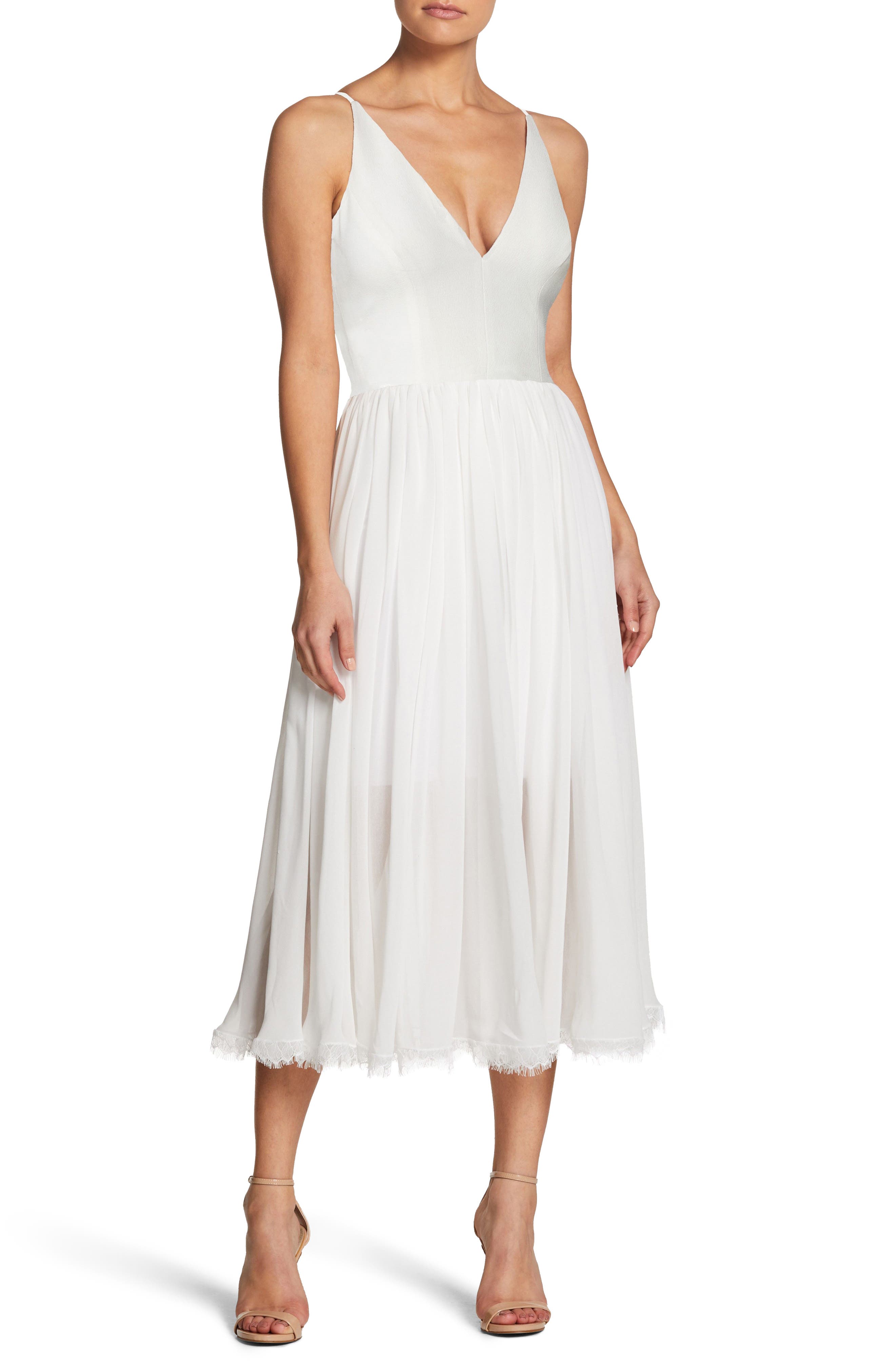 Dress The Population Alicia Mixed Media Midi Dress, White