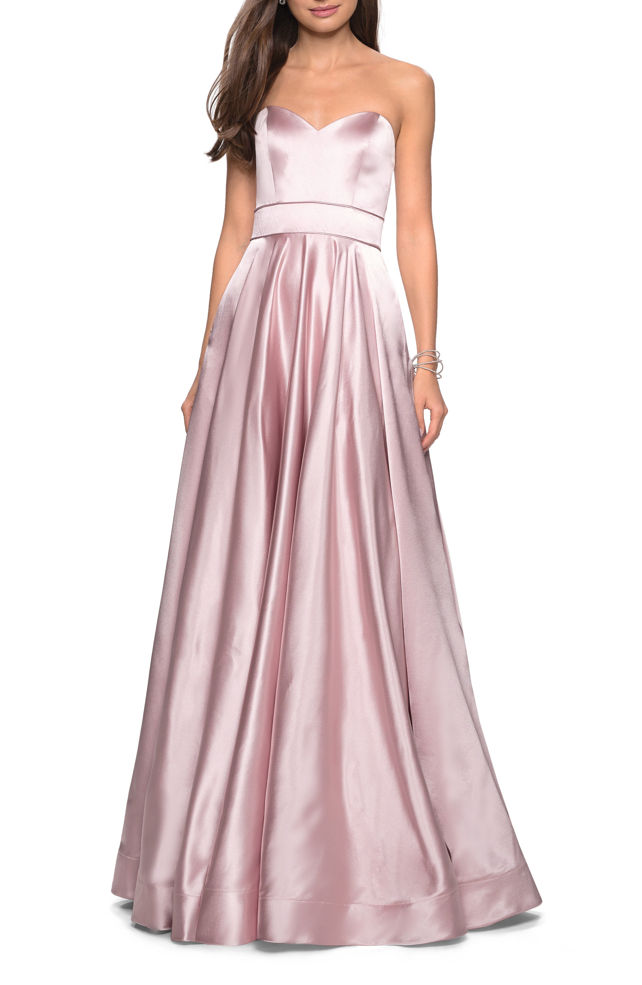 La Femme Strapless Satin Evening Dress, Pink
