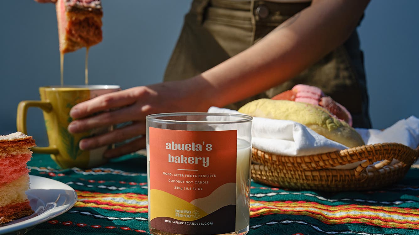 A Bonita Fierce candle on a table.