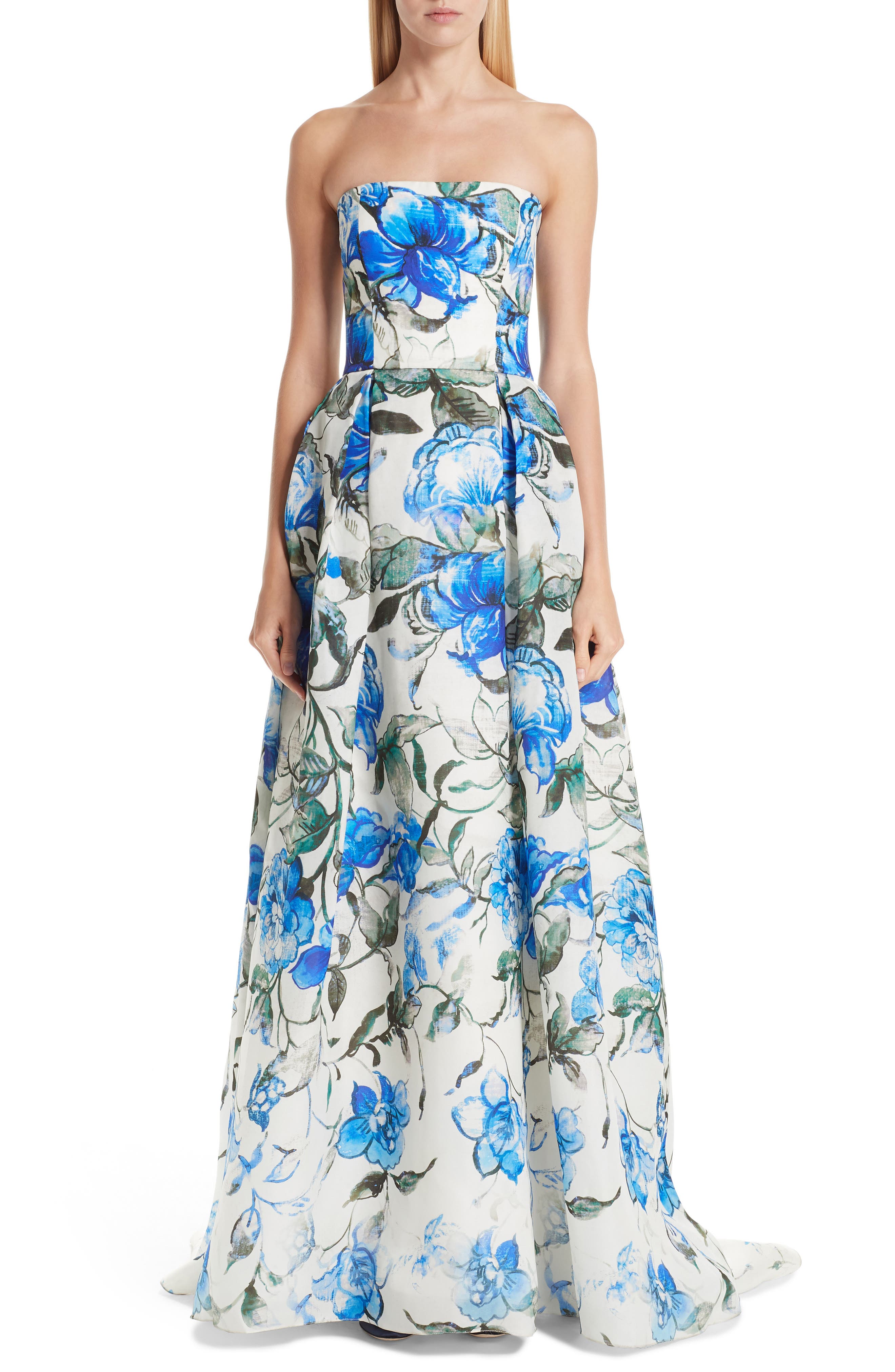 Carolina Herrera Floral Strapless Silk Evening Dress, Ivory