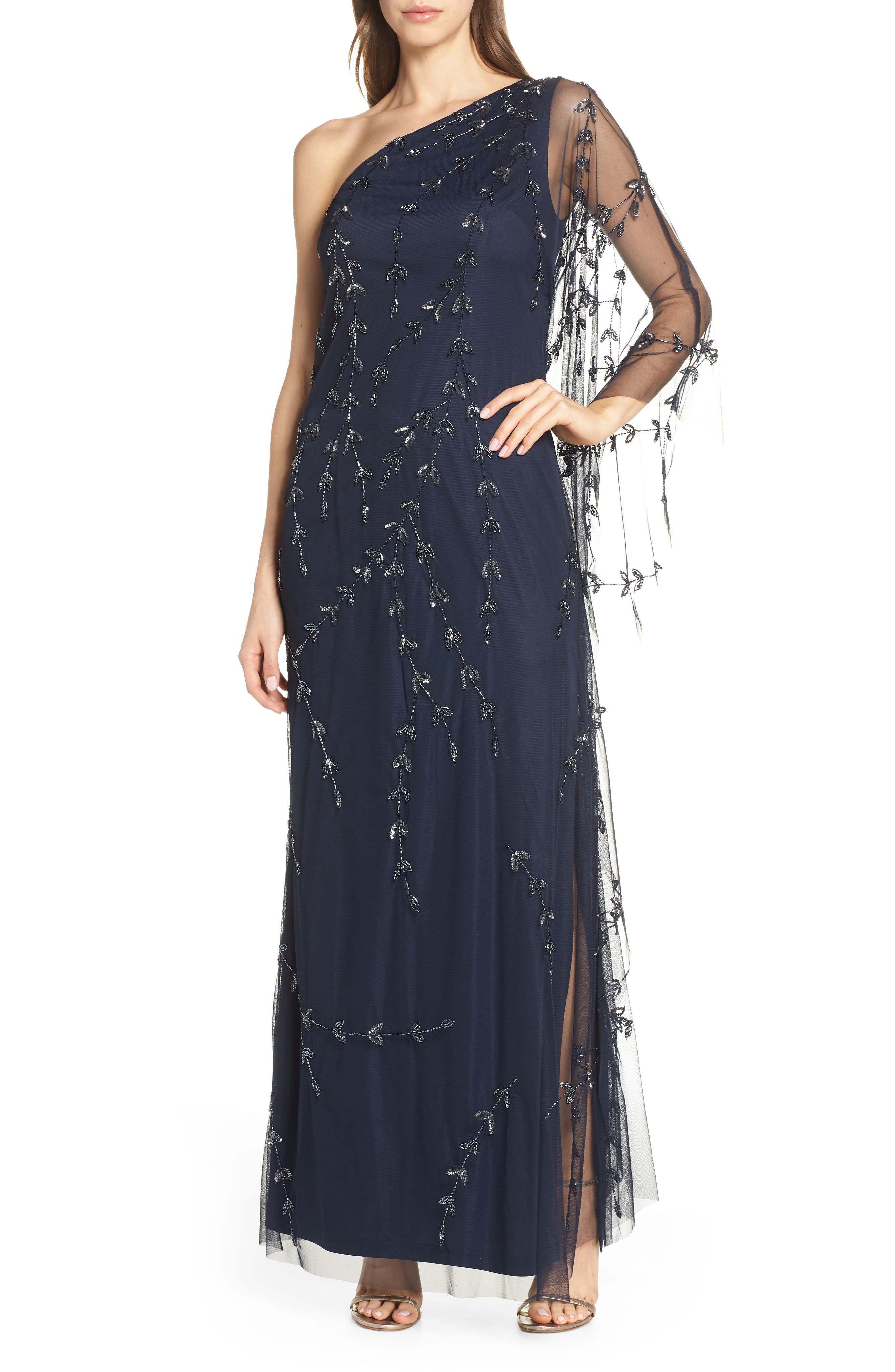 Adrianna Papell Beaded One-Shoulder Evening Dress, Blue