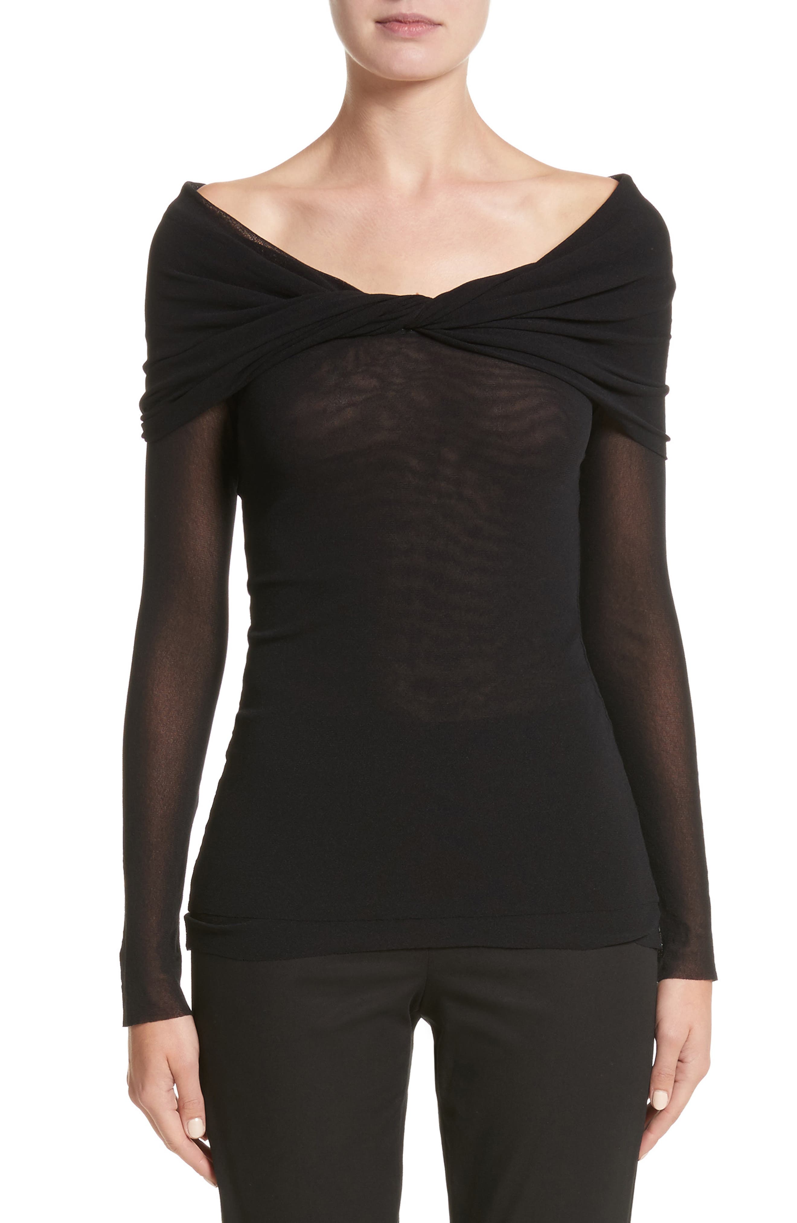 Fuzzi Twisted Tulle Off The Shoulder Top, Black