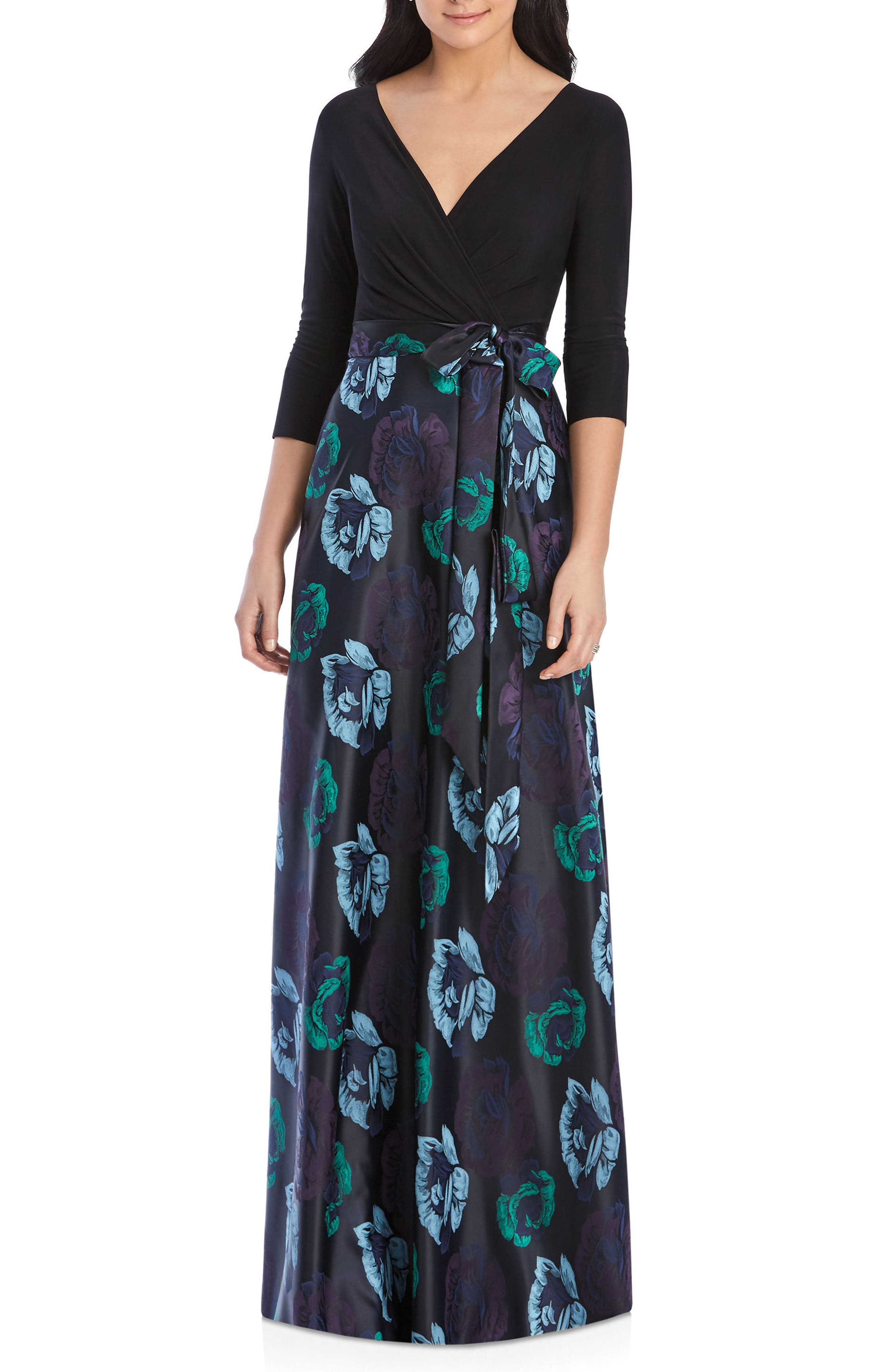 Alfred Sung Faux Wrap Jersey & Brocade Gown, Black