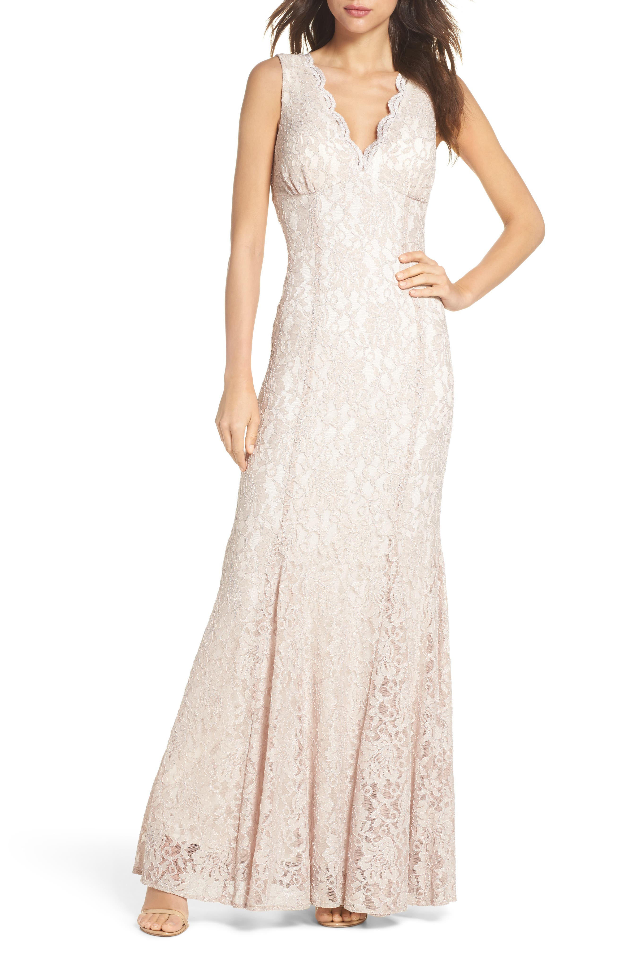 Morgan & Co. Glitter Lace Trumpet Dress, /4 - Beige