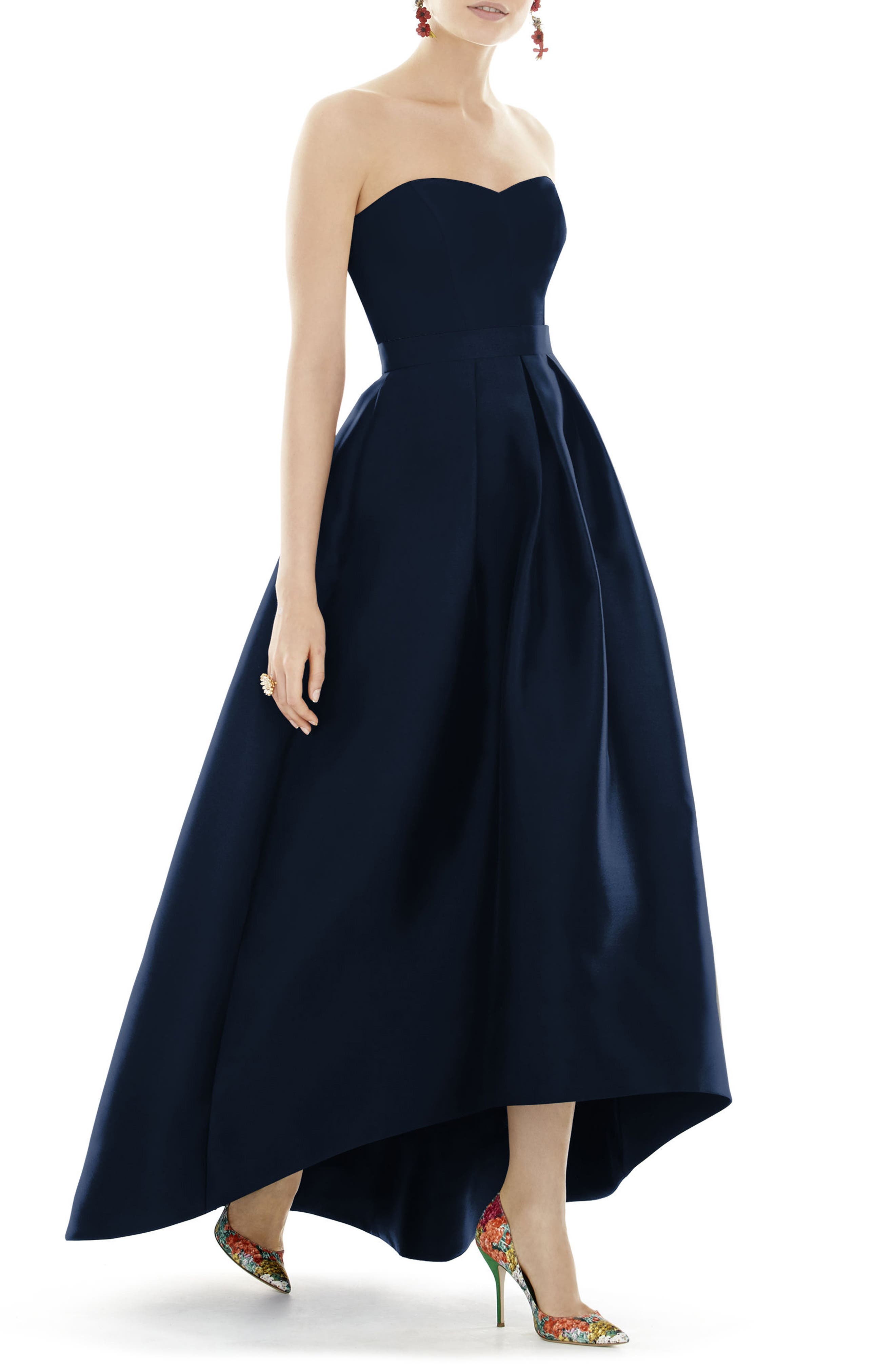 Alfred Sung Strapless High/low Satin Twill Ballgown, Blue
