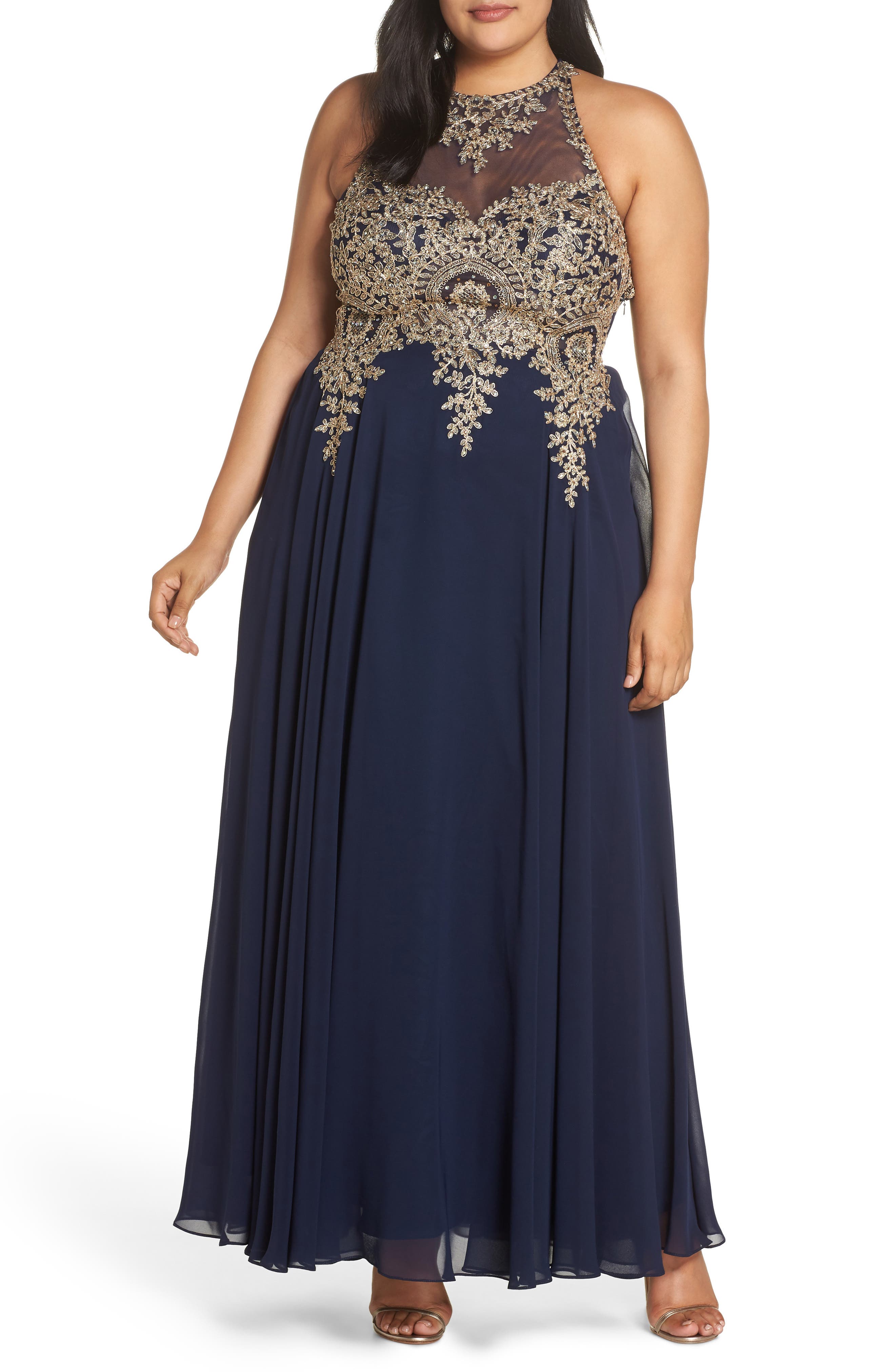 Plus Size Xscape Metallic Embroidered Gown, Blue