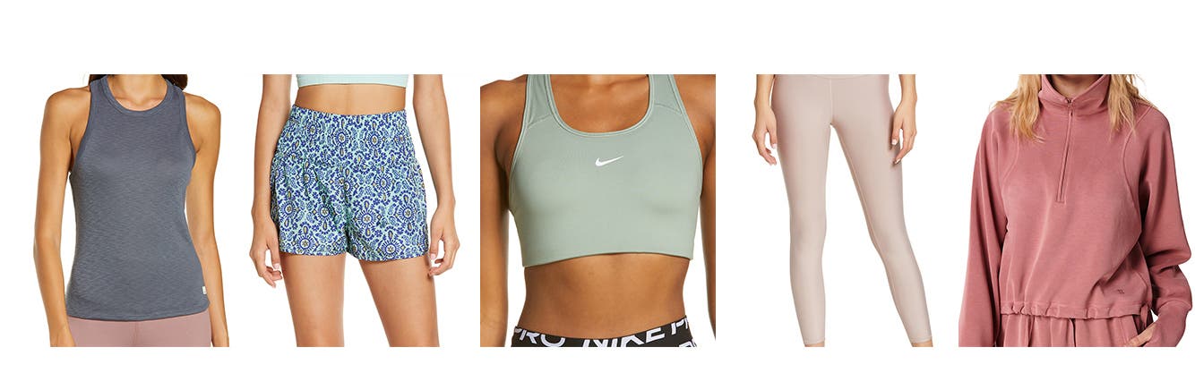 A tank top; patterned shorts, a sports bra; leggings; a pullover.