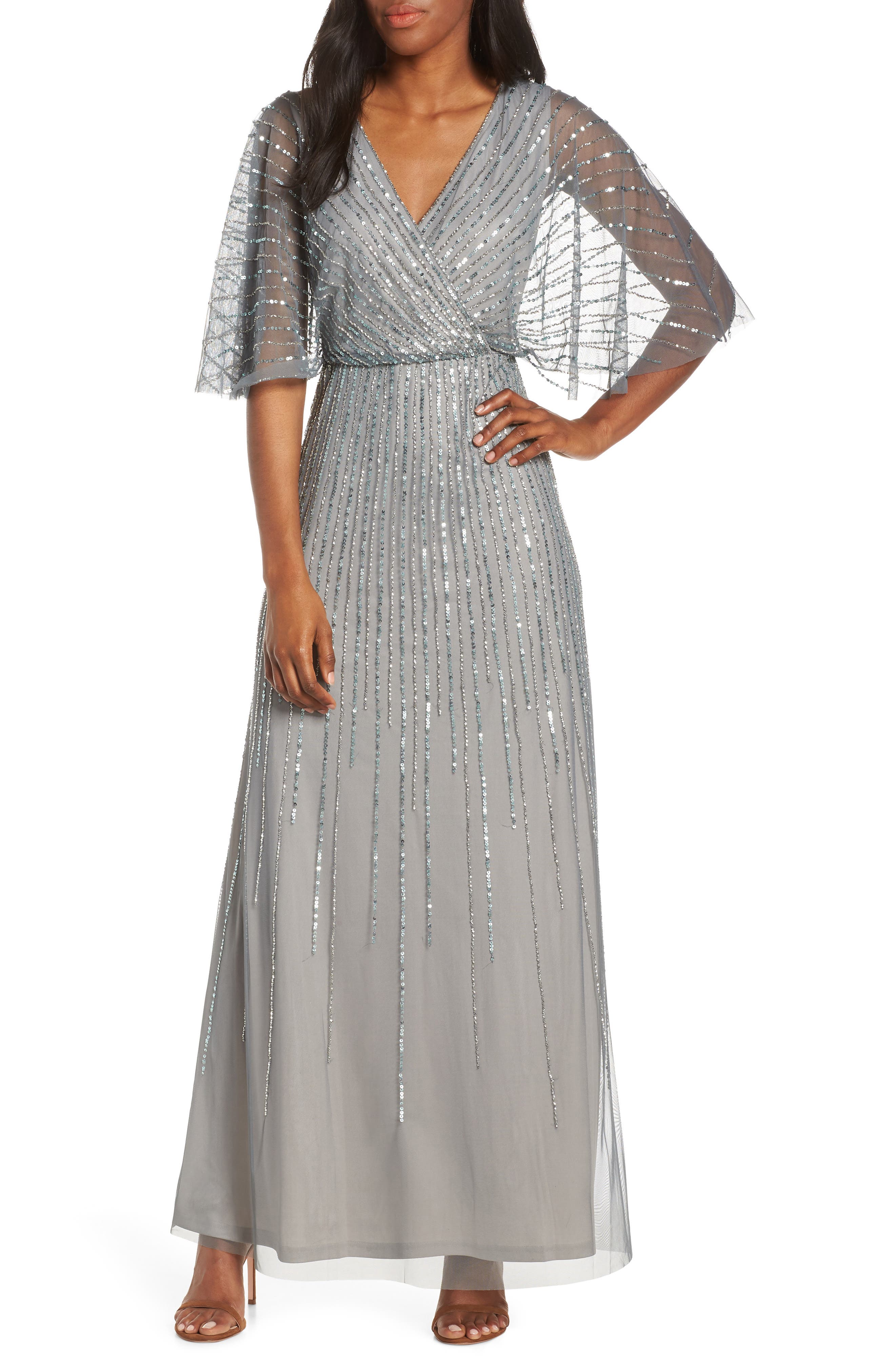 Adrianna Papell Sequin Stripe Mesh Evening Dress, Metallic