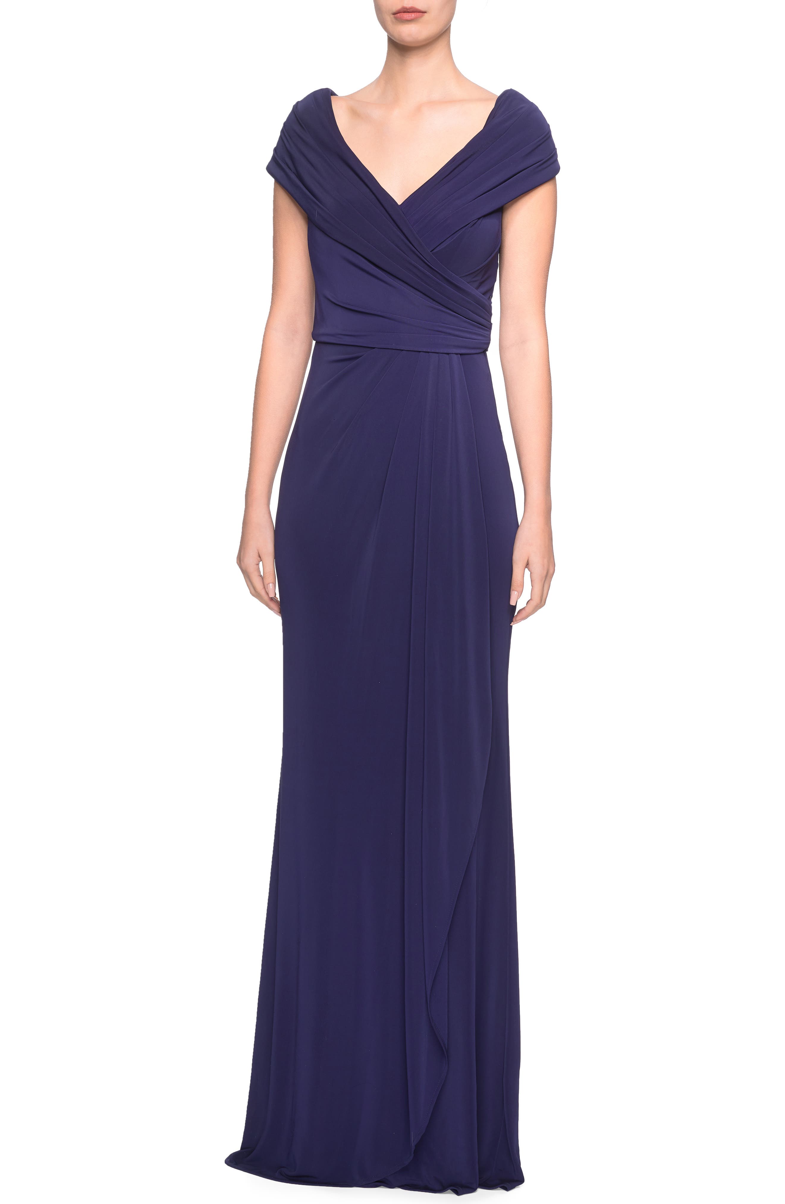 La Femme Ruched Jersey Gown, 8 (similar to 16W-18W) - Blue