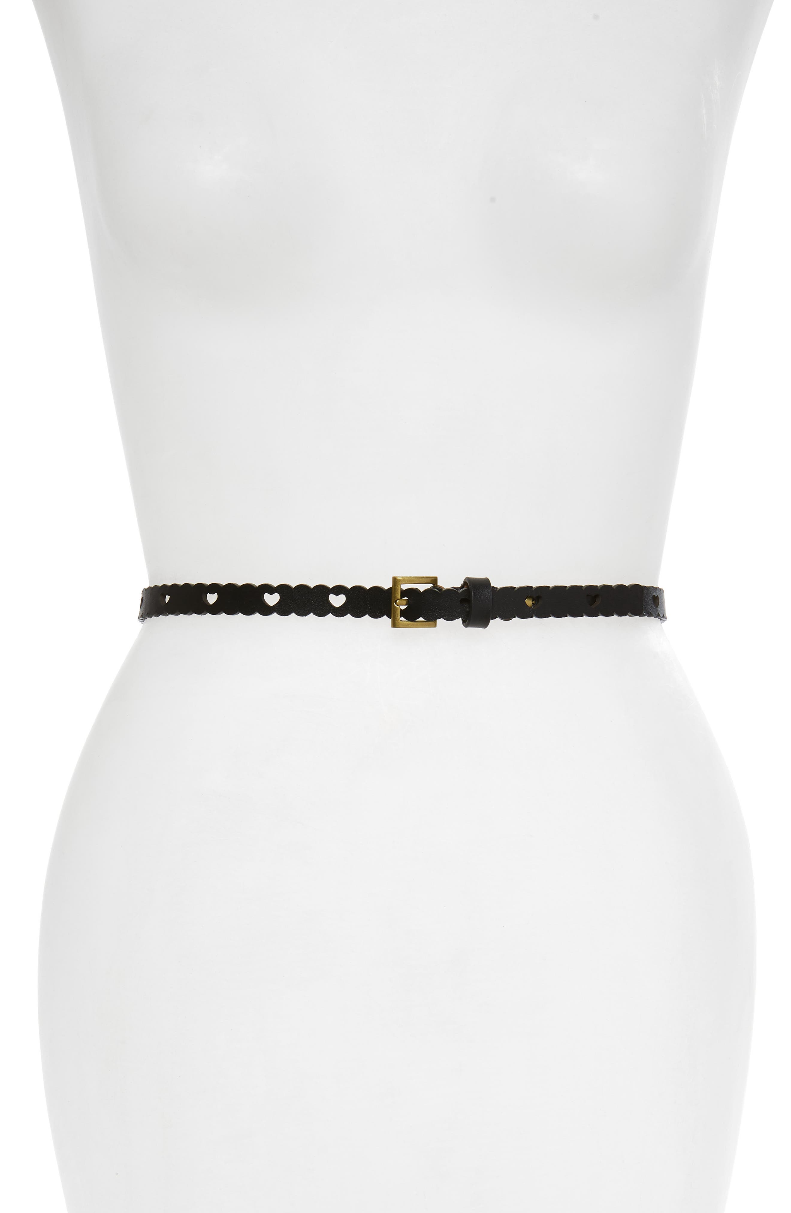 Kate Spade New York Stone Heart Scalloped Calfskin Leather Skinny Belt, Black/ Silver