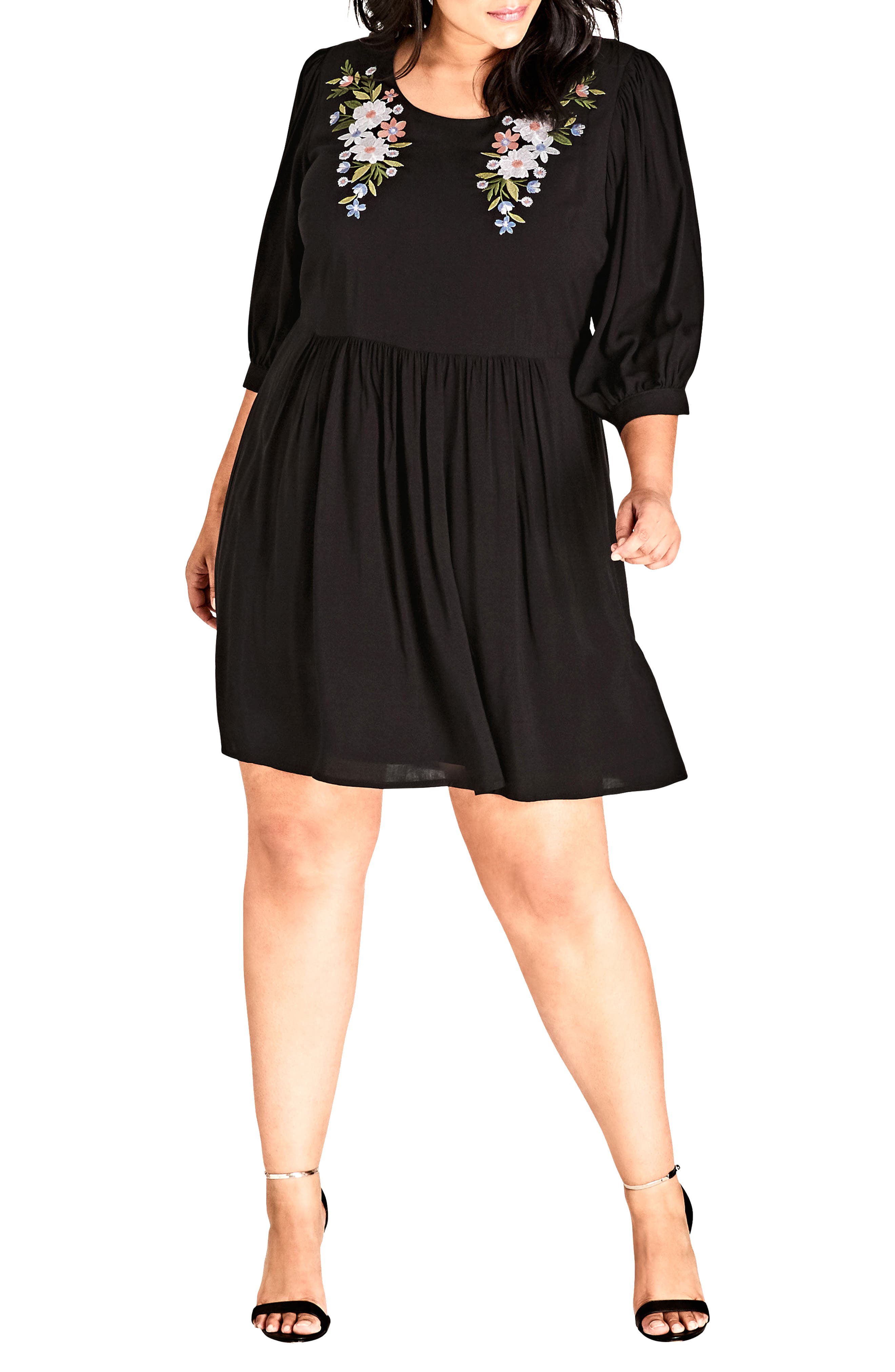 Plus Size City Chic Floral Fling Embroidered Dress, Black