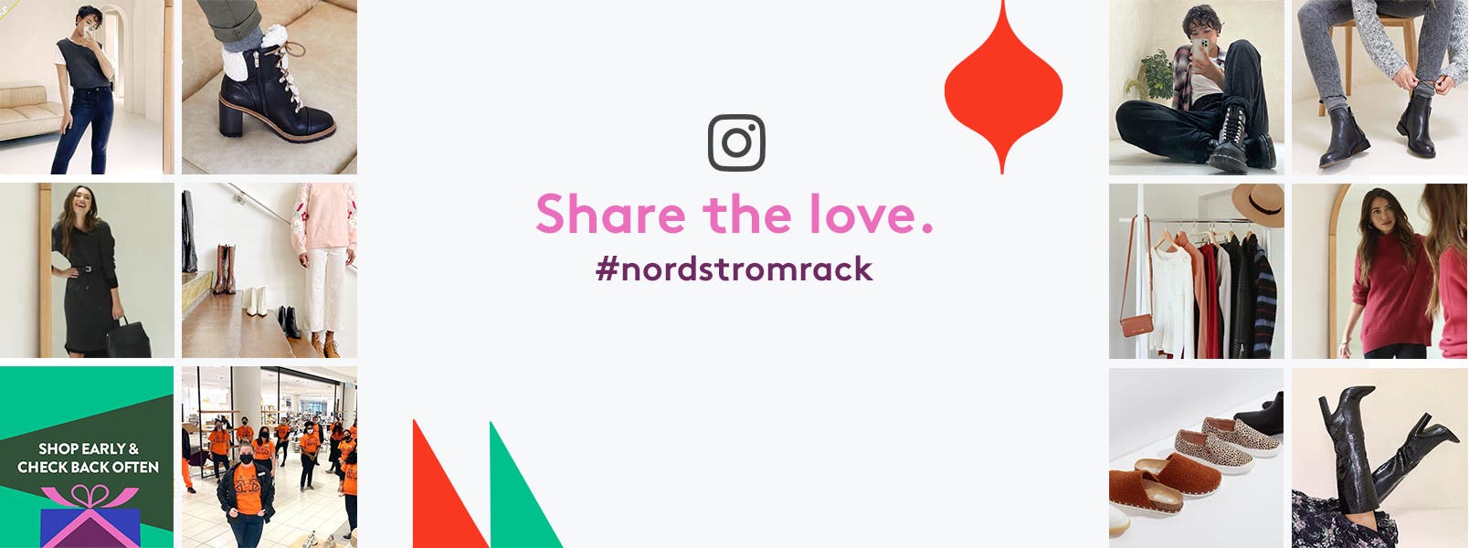 Share the love on Instagram. #nordstromrack. Images of IG logo, colorful handbags, sunglasses, flip flops, sun hat, sunscreen, women in sundress and activewear, tennis shoes, sandals, Nordstrom-Anniversary-Sale-is-coming banner, summer wardrobe, pastel dishes, candle and plant holder.