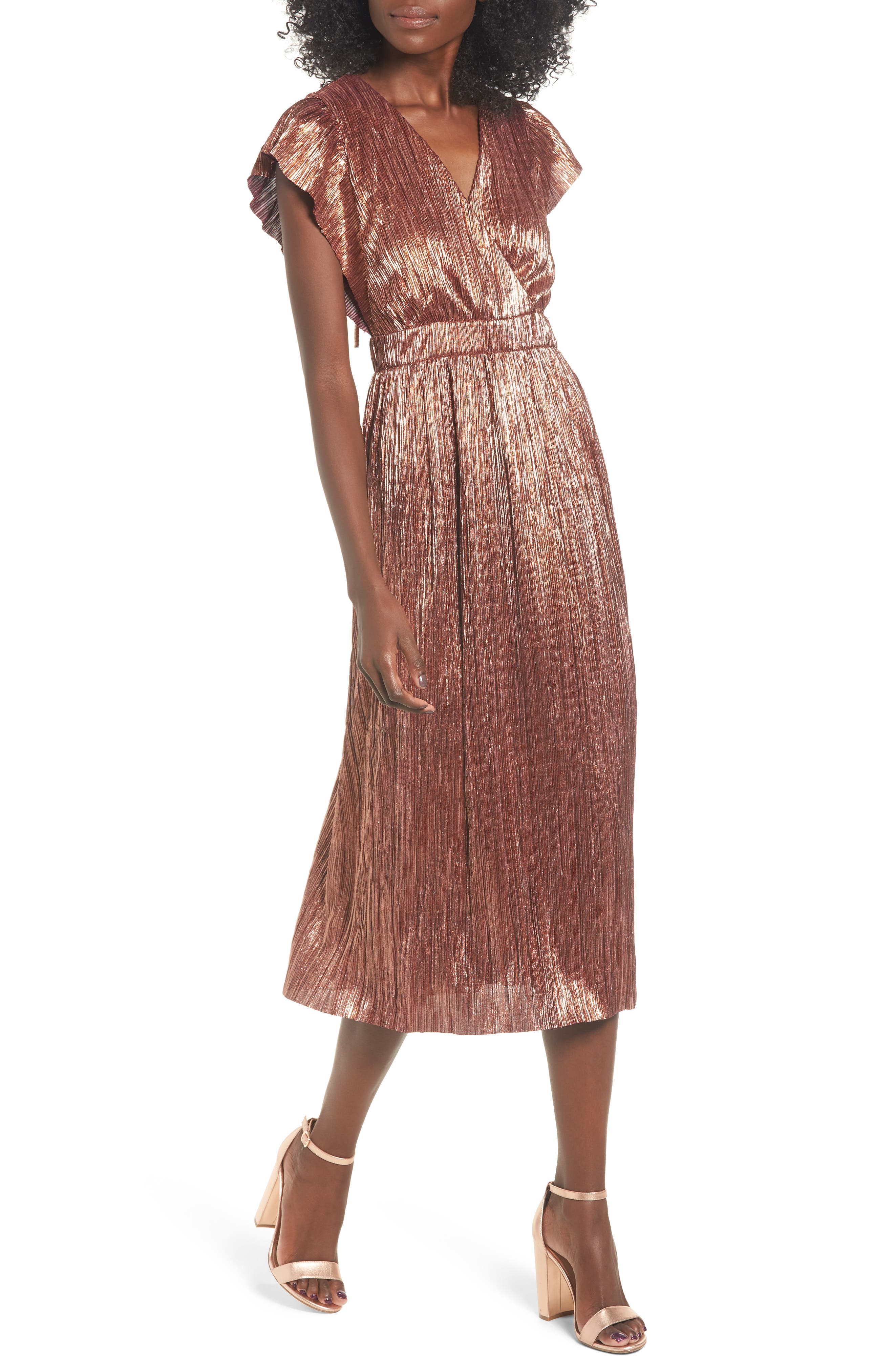 Leith Metallic Open Back Midi Dress, Coral