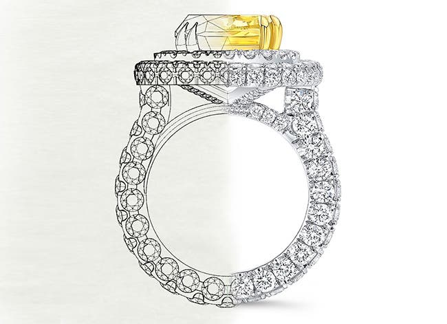 A sketch and final image of a Bony Levy diamond ring.
