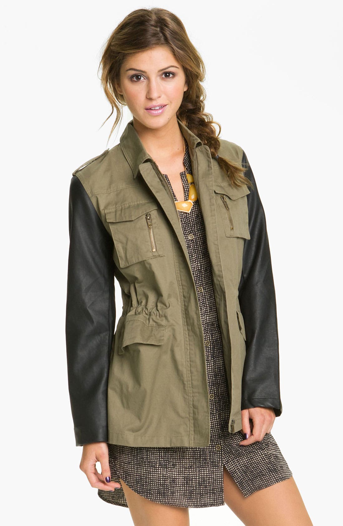 Blu Pepper Faux Leather Sleeve Utility Jacket (Juniors) Nordstrom