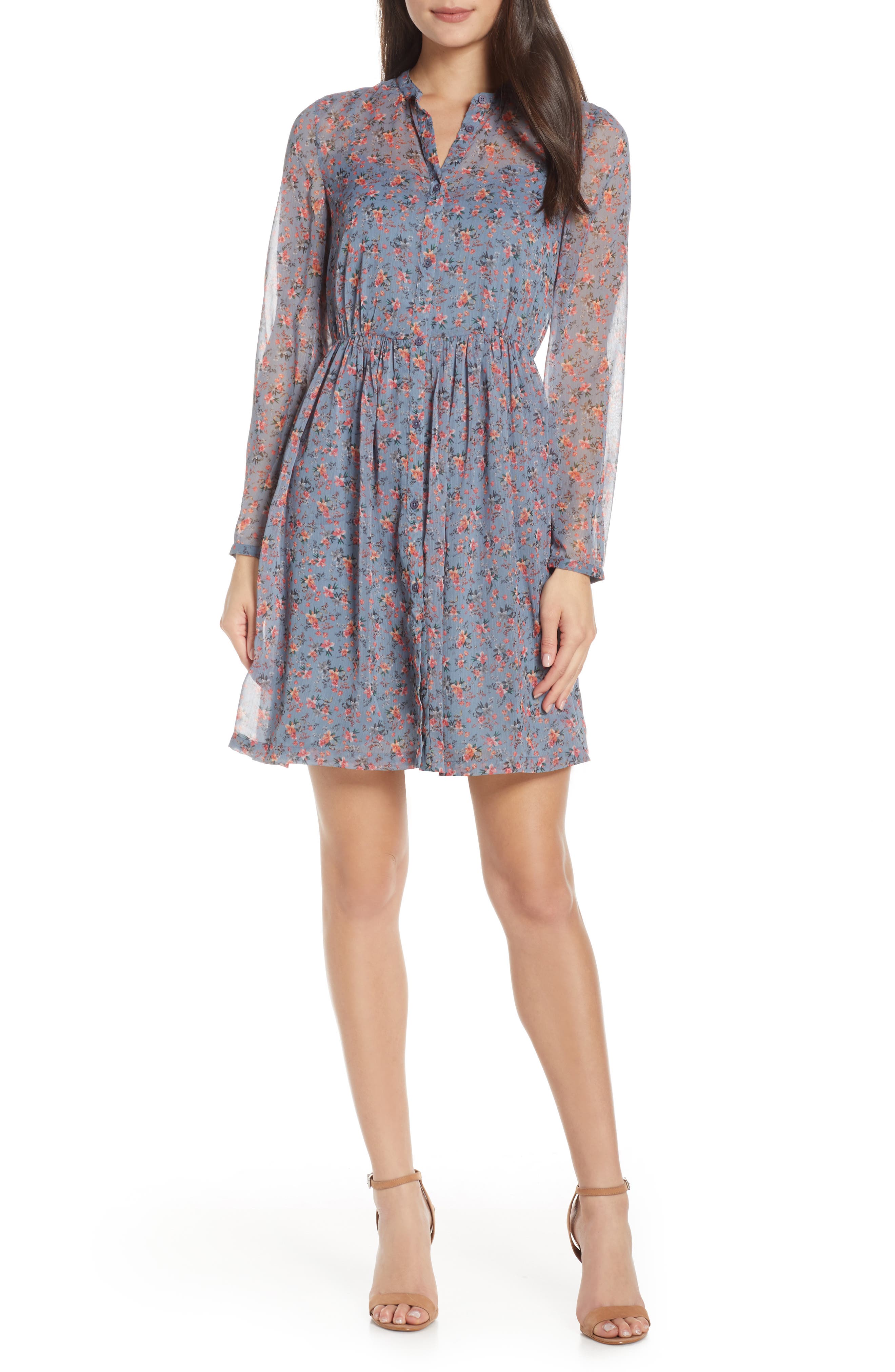 French Connection Fifine Long Sleeve Crinkle Dress, Blue