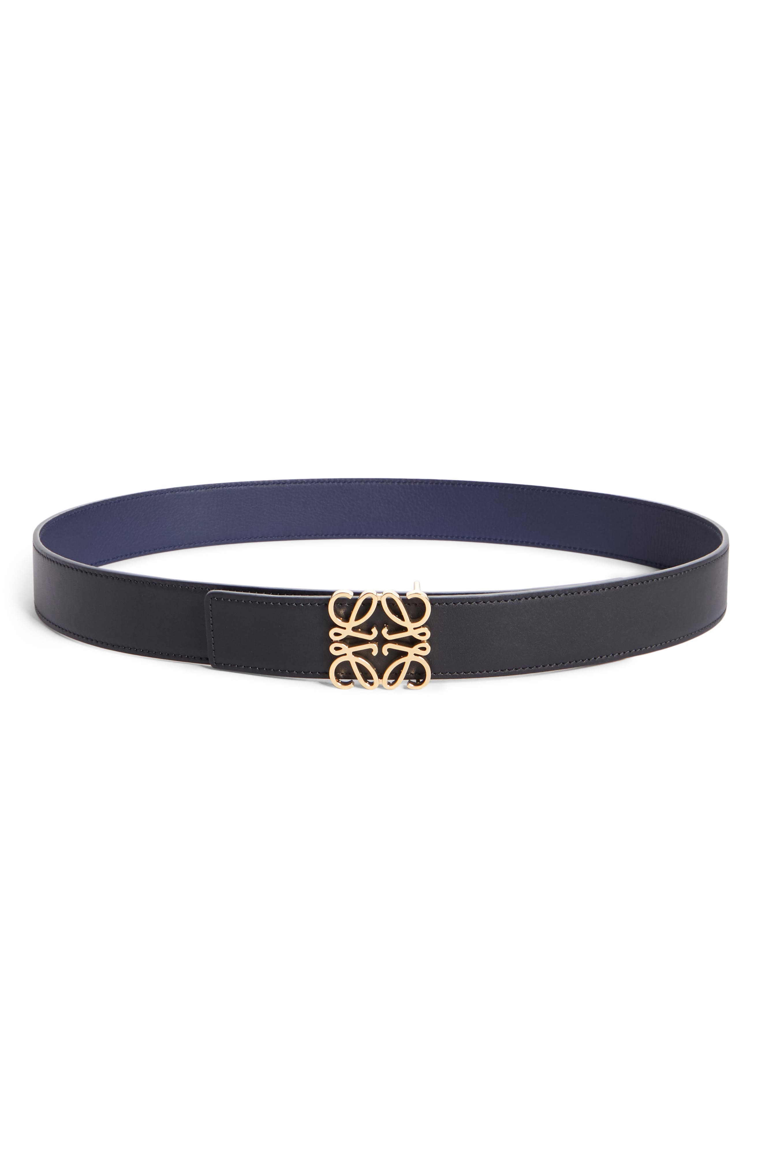 Loewe Anagram Logo Calfskin Leather Belt, Black/ Gold/ Navy