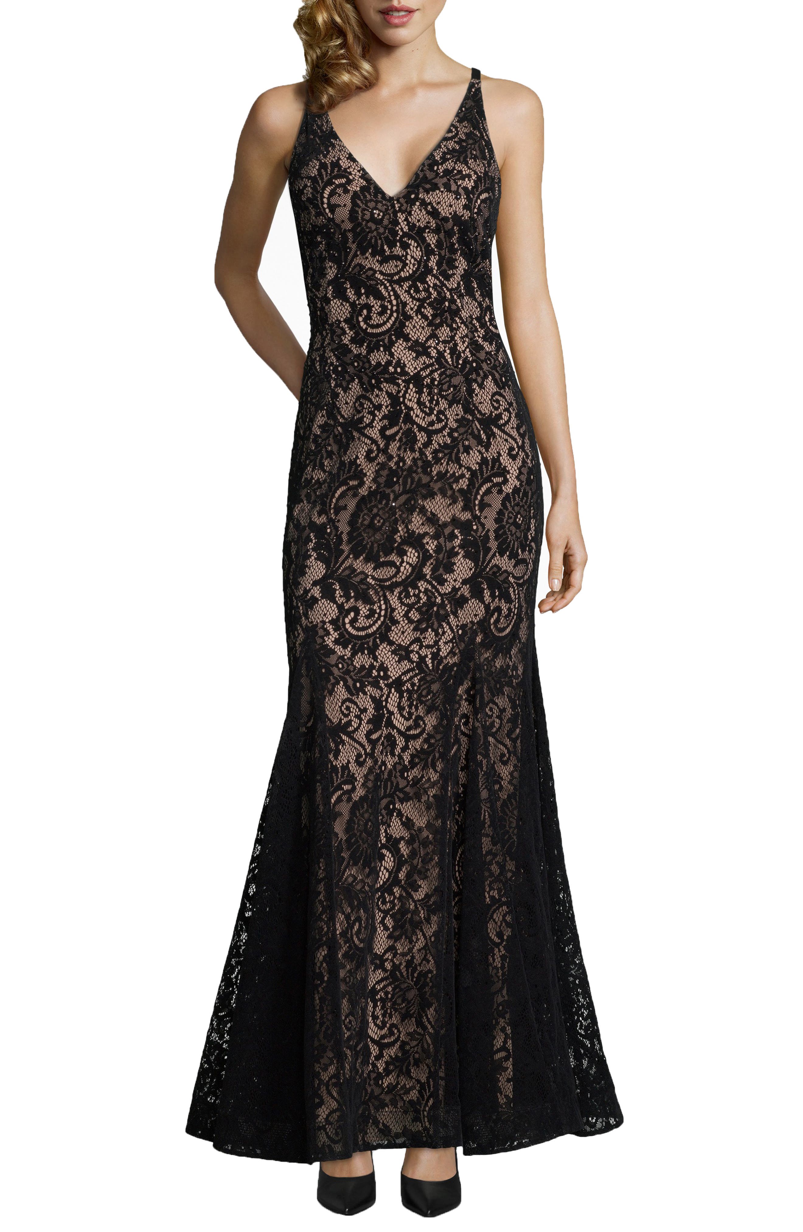 Xscape Sleeveless Flocked Lace Gown