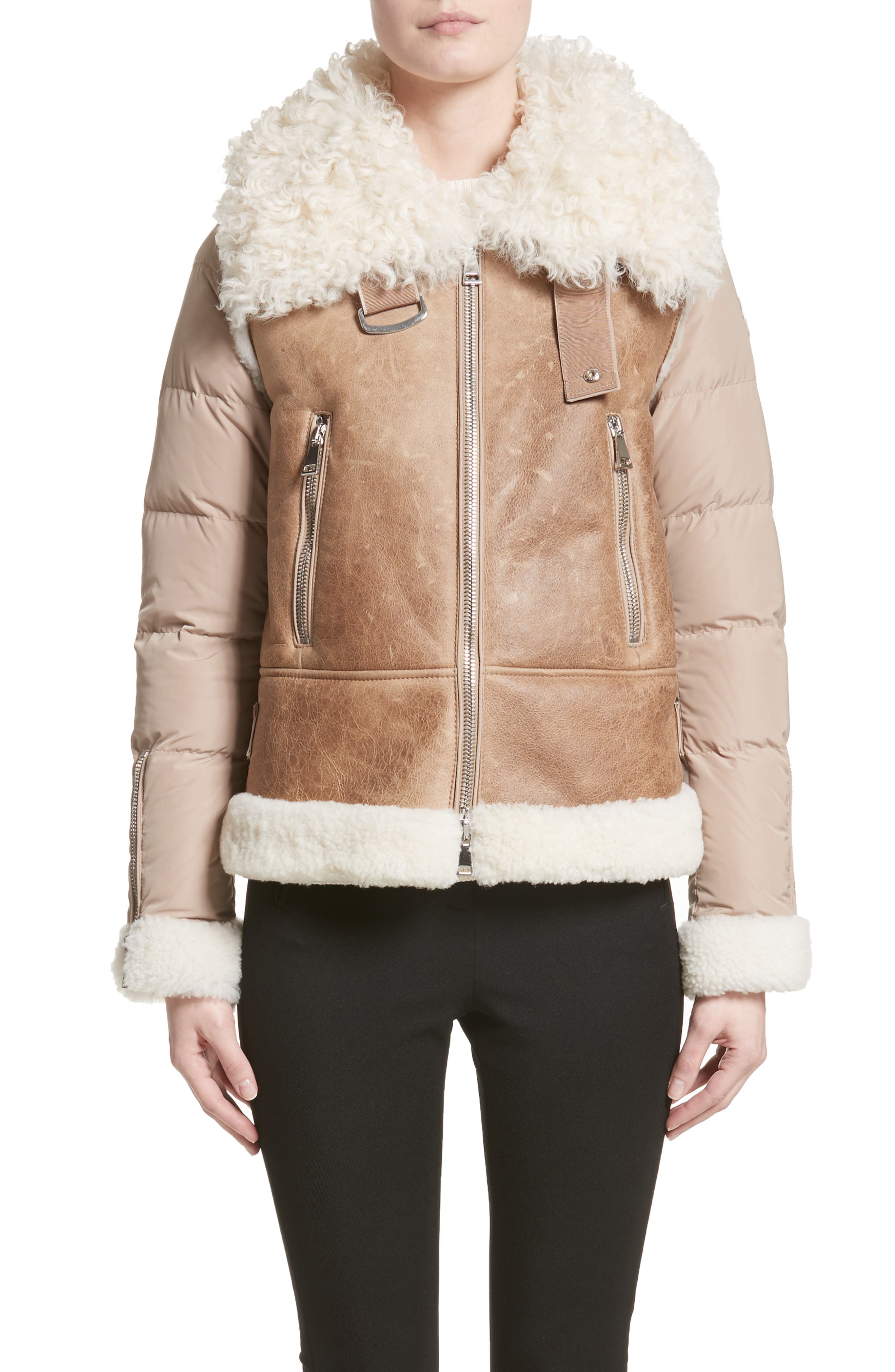 Moncler Kilia Genuine Shearling & Down Puffer Jacket, Brown
