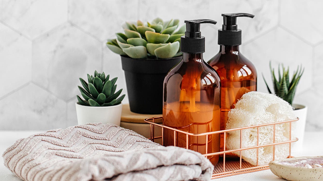 Bottles of hair care products sit on a counter next to potted plants.