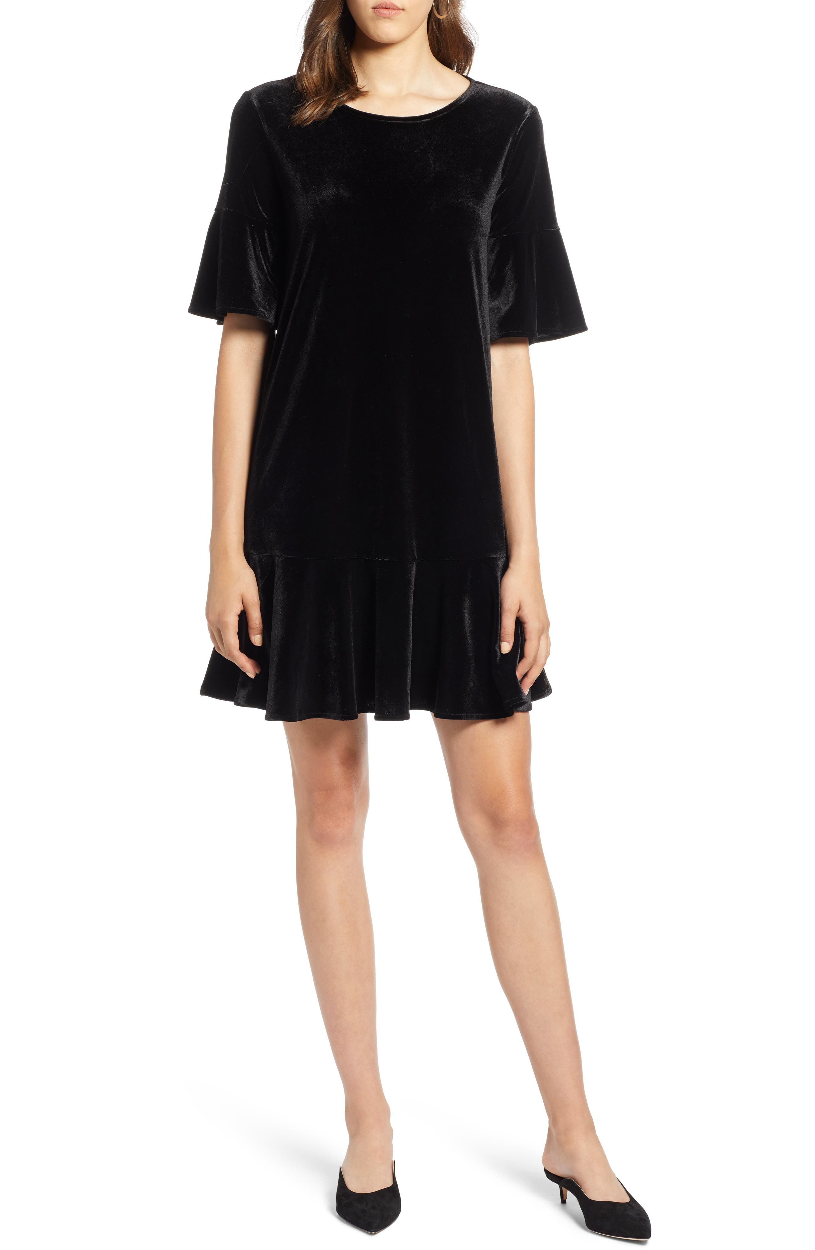 Halogen Ruffle Trim Velvet Dress