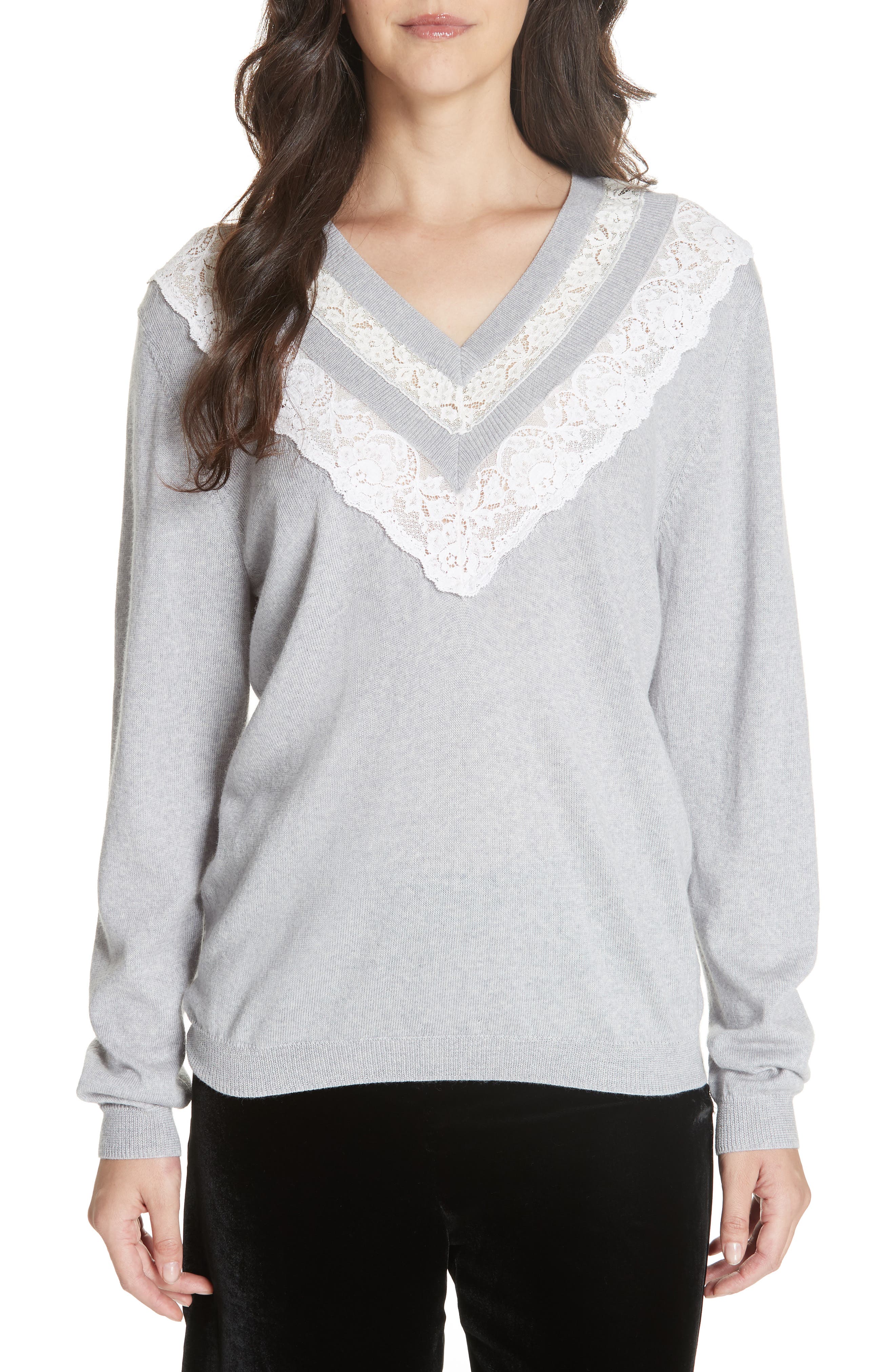 Rebecca Taylor Lace Trim Merino Wool Sweater, Grey