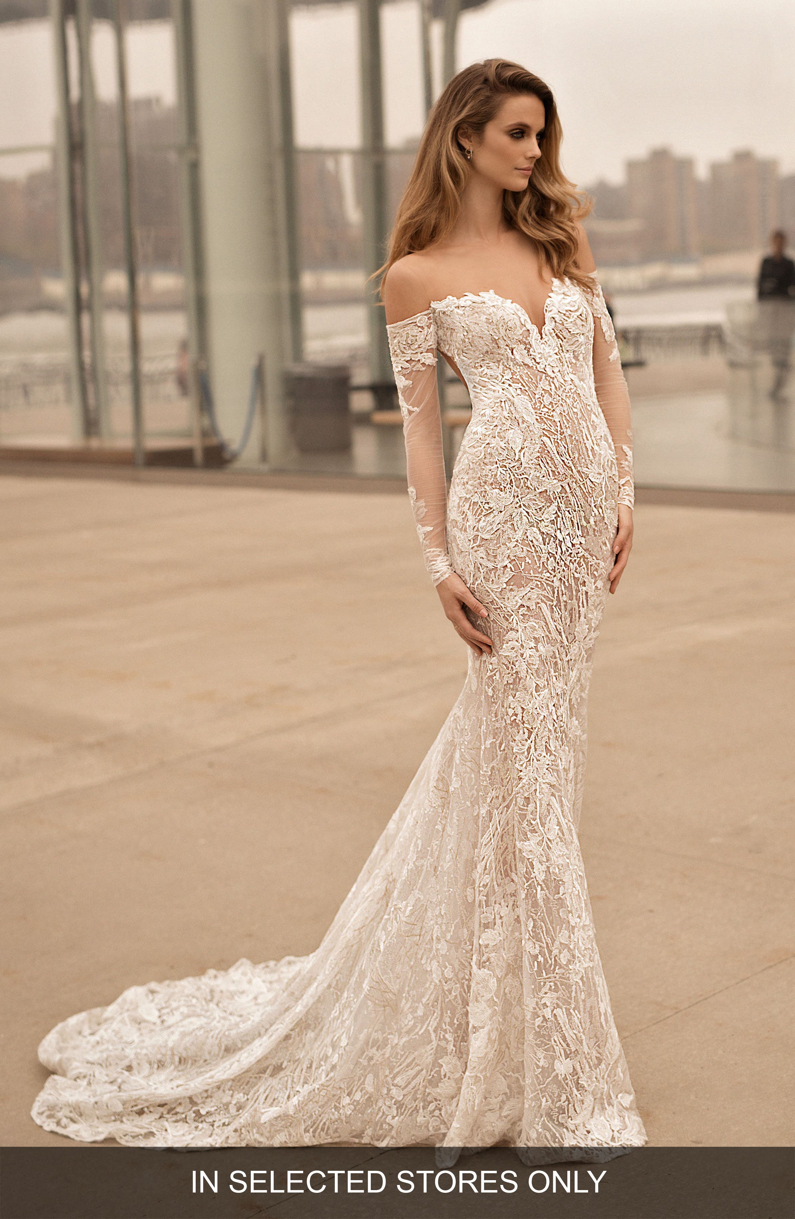 Berta Long Sleeve Illusion Off The Shoulder Mermaid Gown, Size IN STORE ONLY - Ivory
