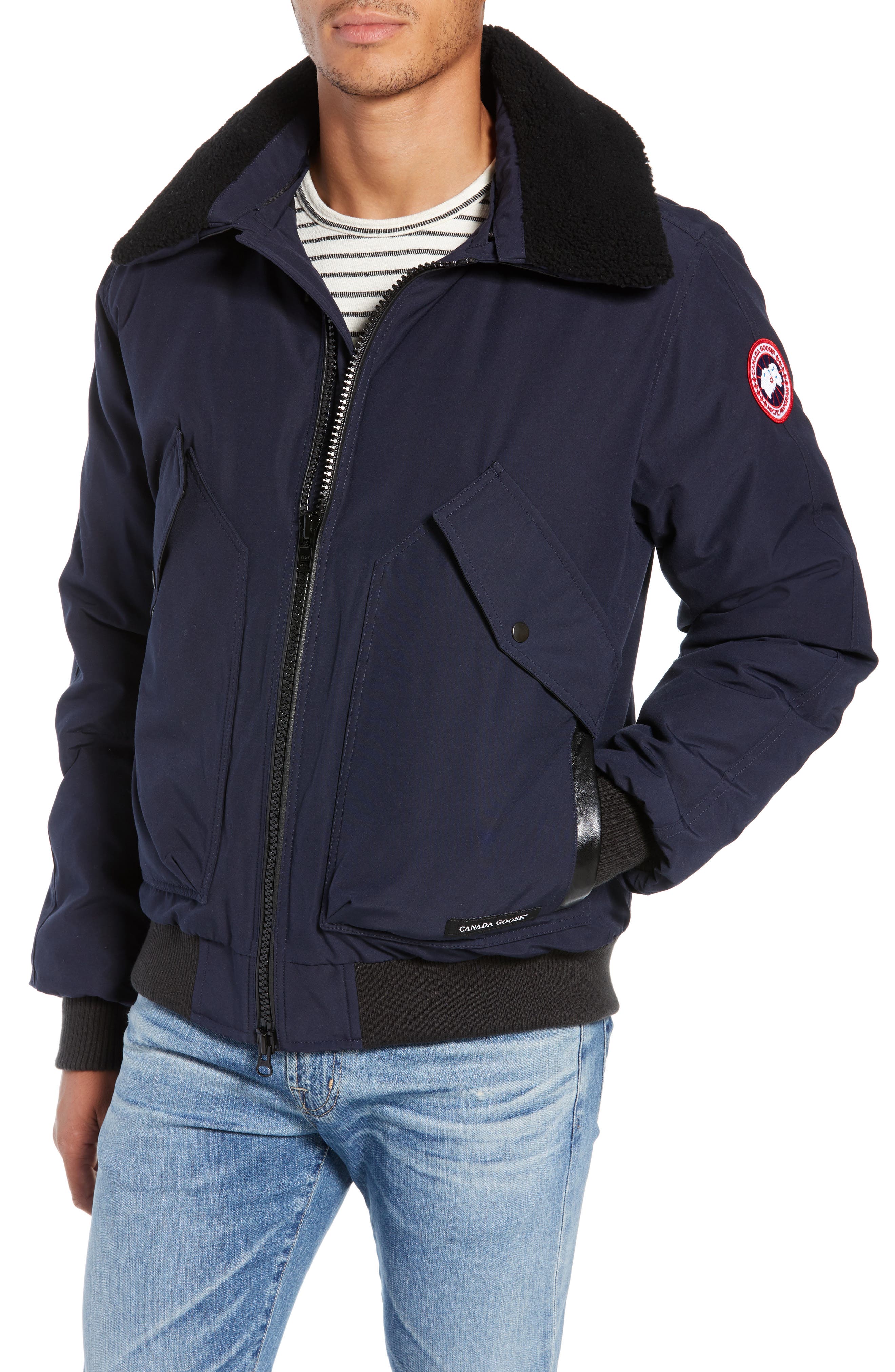 Canada Goose Bromley Slim Fit Down Bomber Jacket With Genuine Shearling Collar, Blue