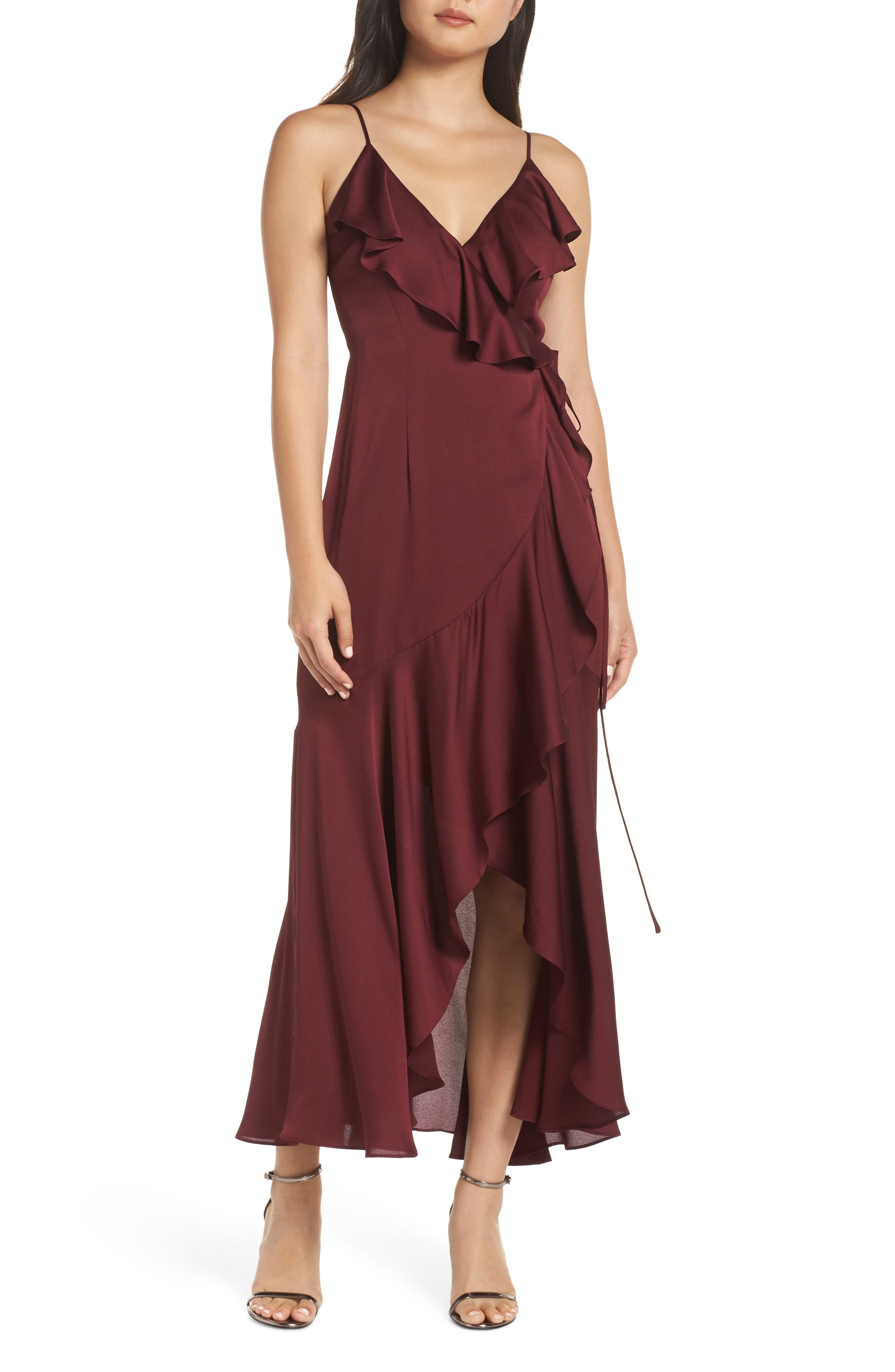 Shona Joy Luxe Ruffle Trim Wrap Gown, Red