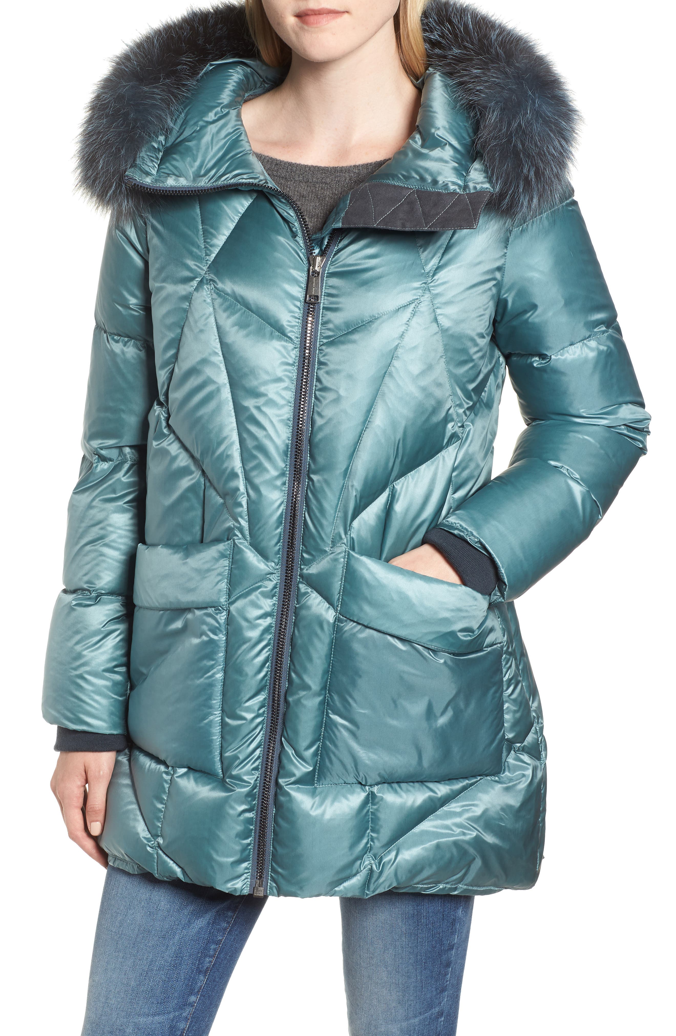 Andrew Marc Genuine Fox Fur Trim Quilted Down Coat, Blue