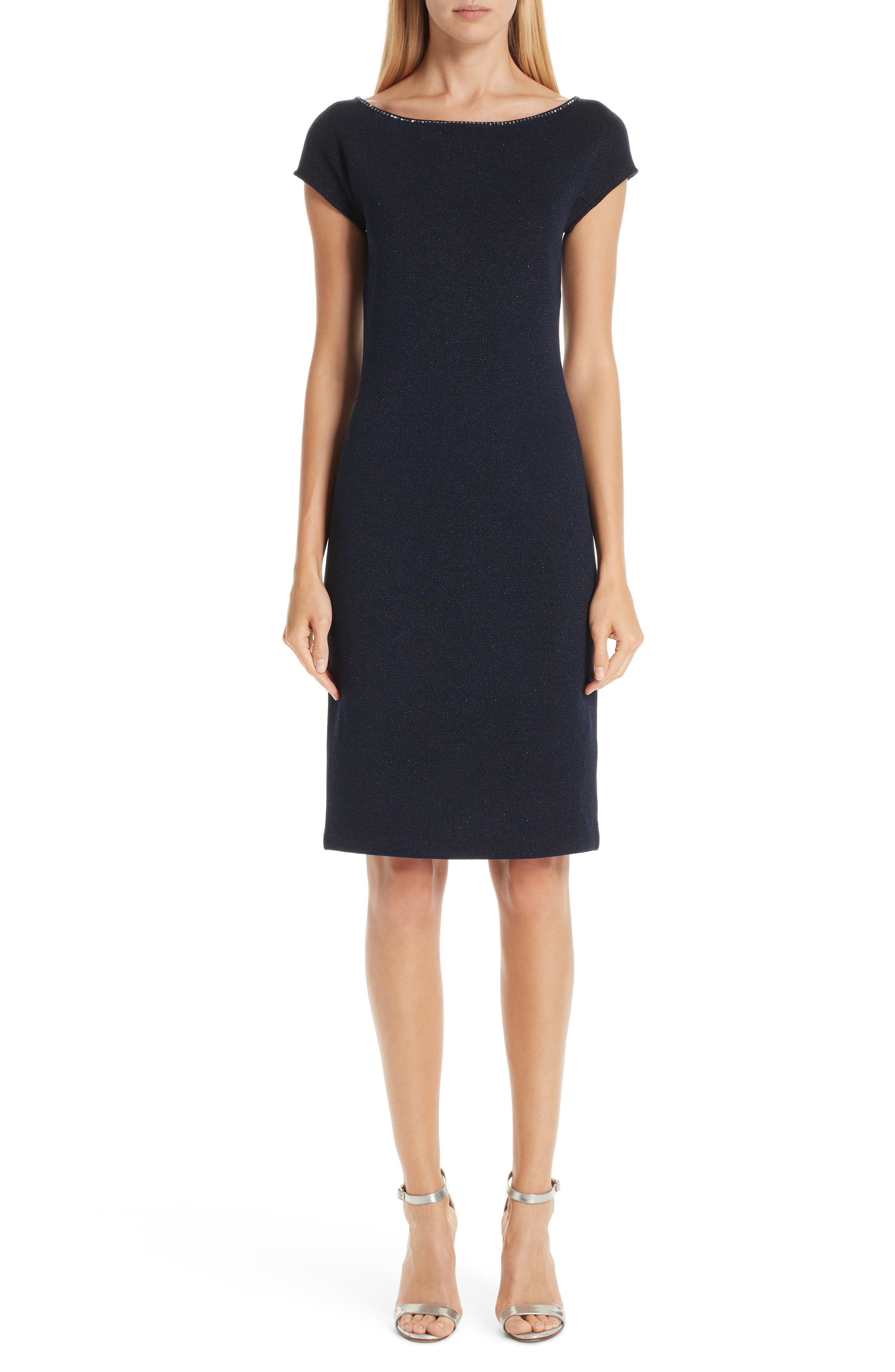 St. John Collection Mod Metallic Knit Sheath Dress, Blue