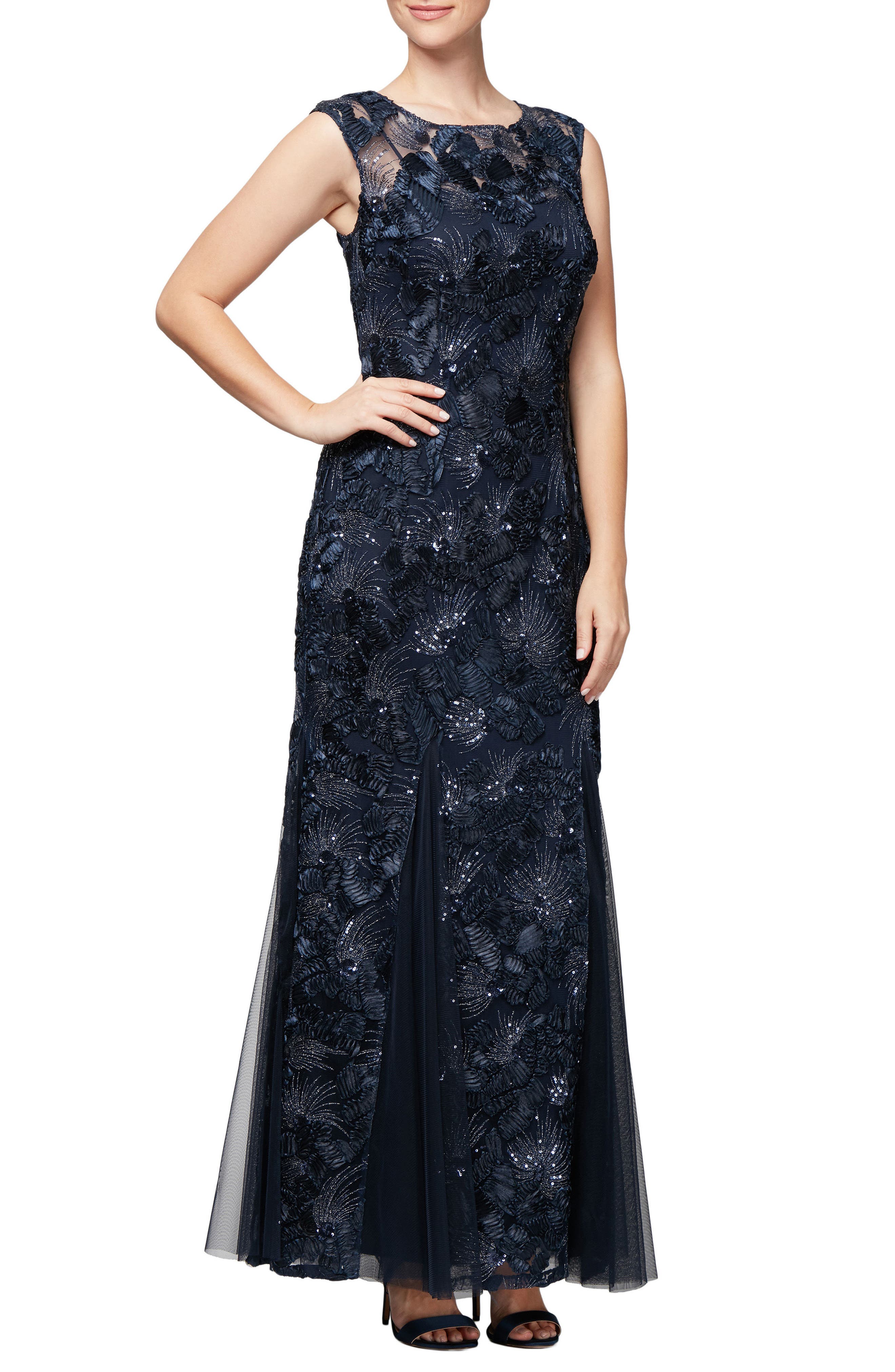 Alex Evenings Soutache & Sequin Gown, Blue