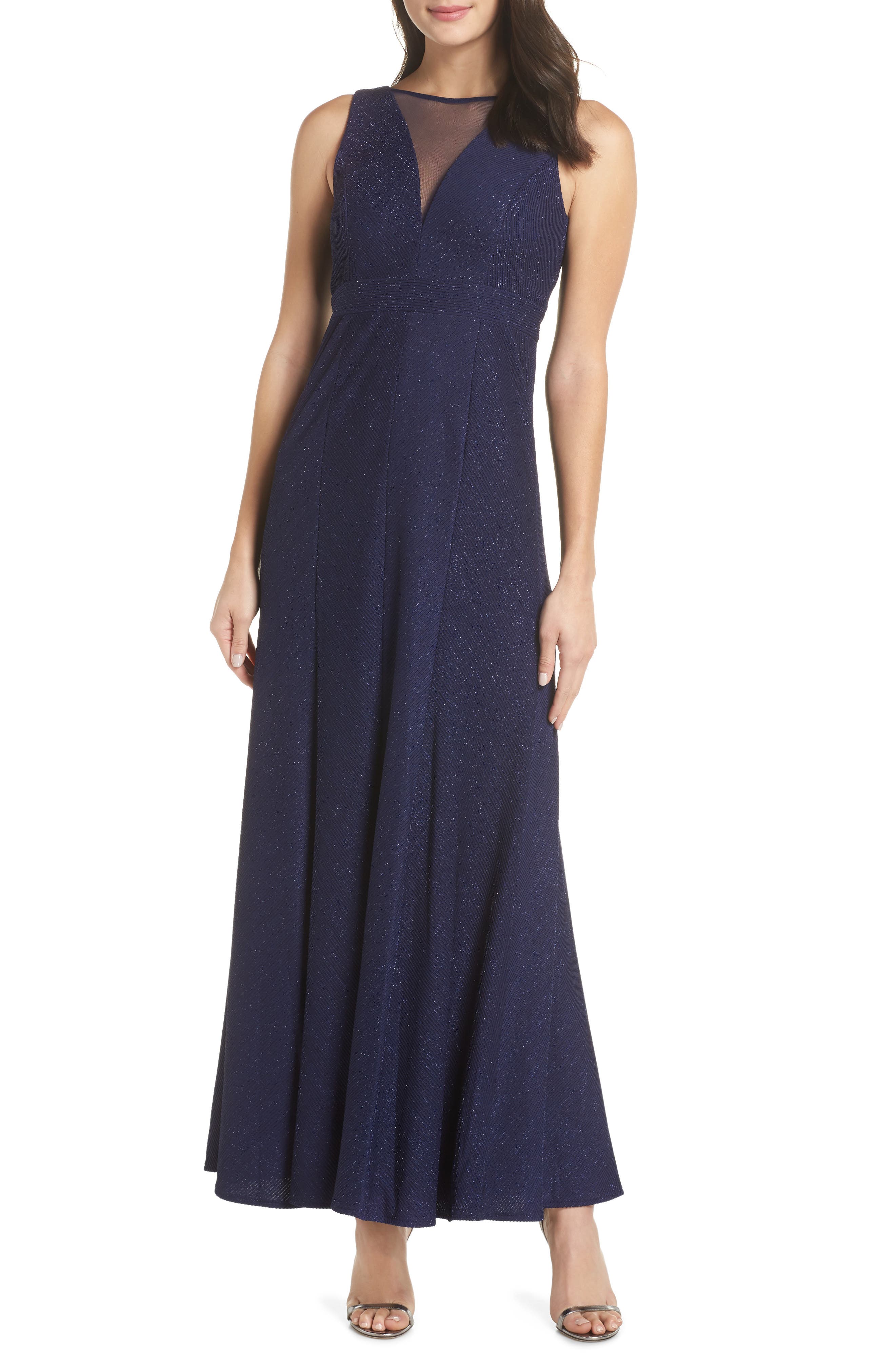 Morgan & Co. Metallic Ribbed Trumpet Gown, Blue