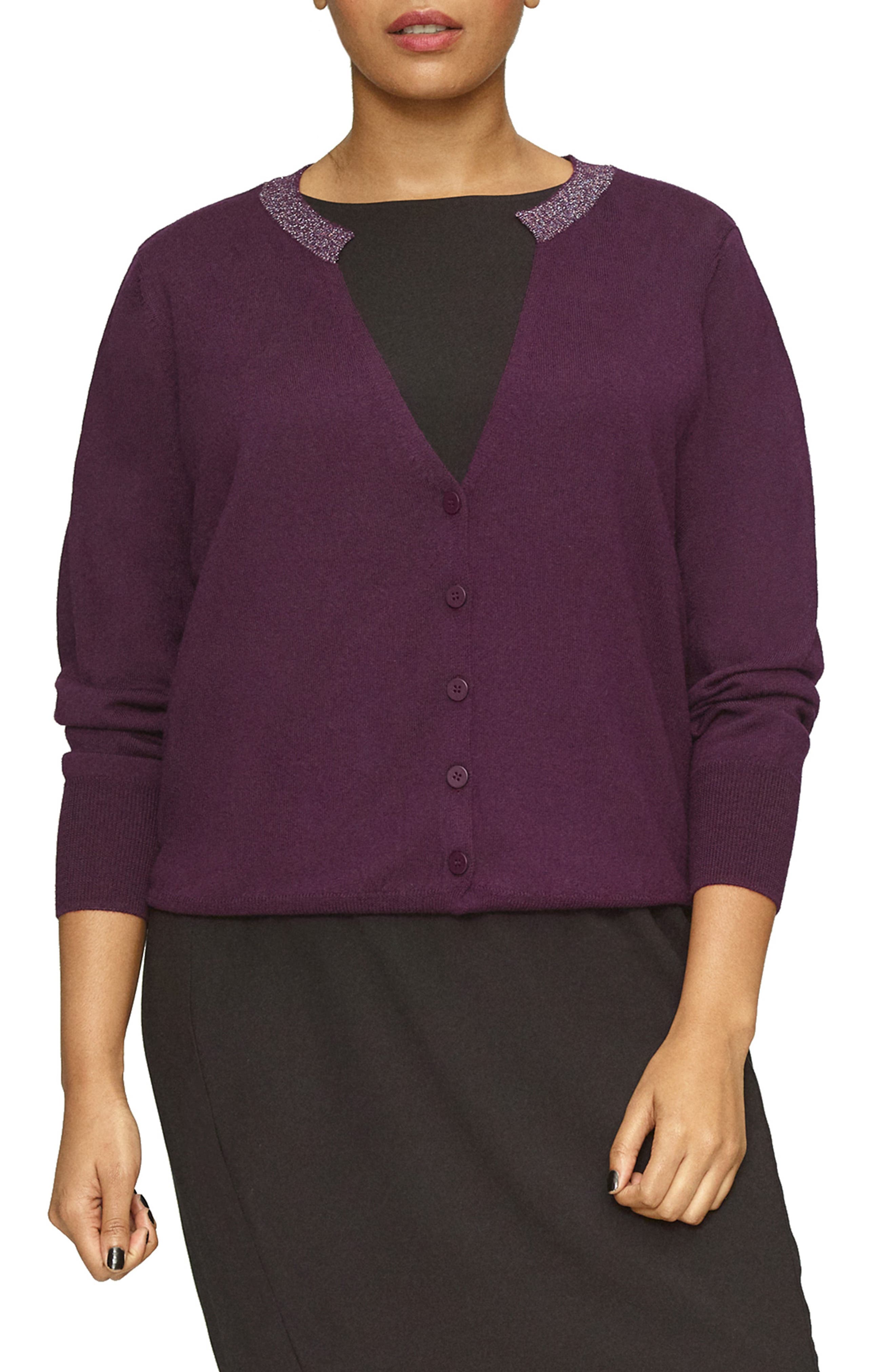 Plus Size Universal Standard Deep V-Neck Merino Wool Cardigan, Size S (1-16W) - Purple