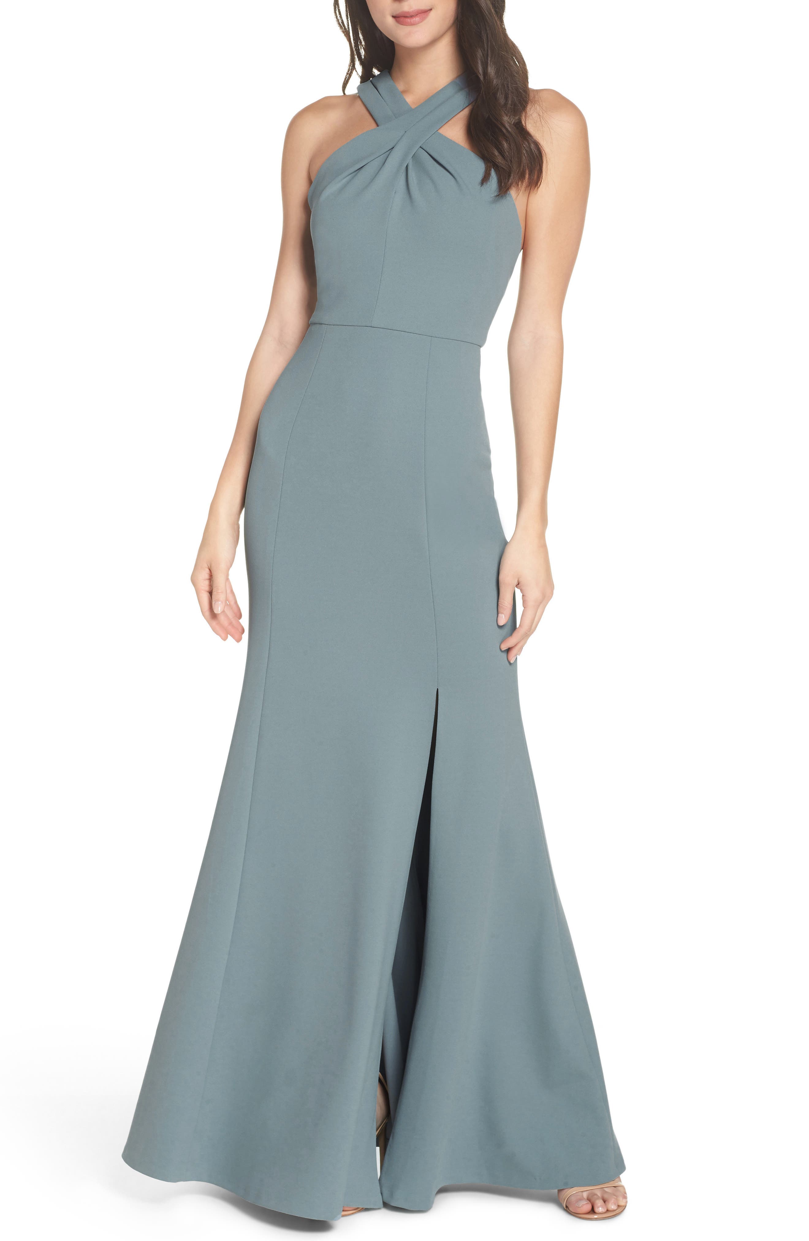 Jenny Yoo Kayleigh Cross Front Crepe Knit Gown, Blue
