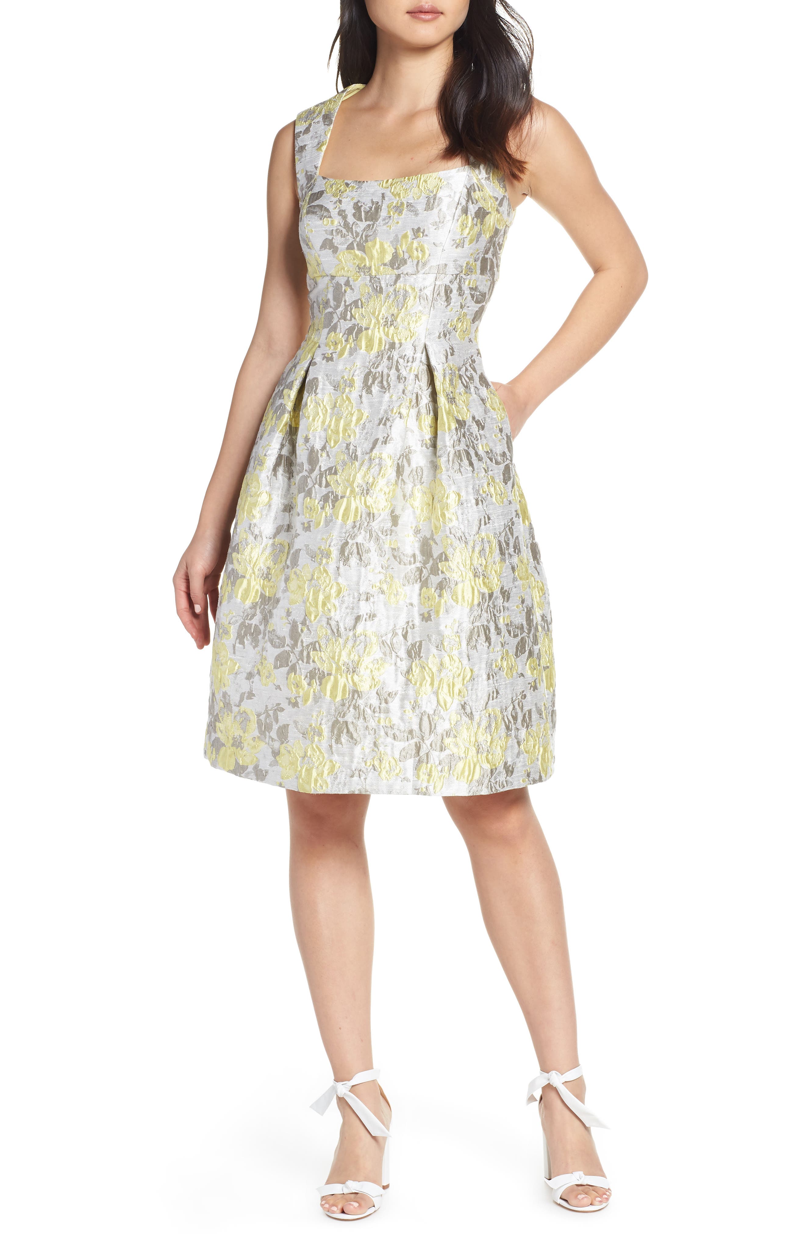 Eliza J Floral Jacquard Fit & Flare Dress, Metallic