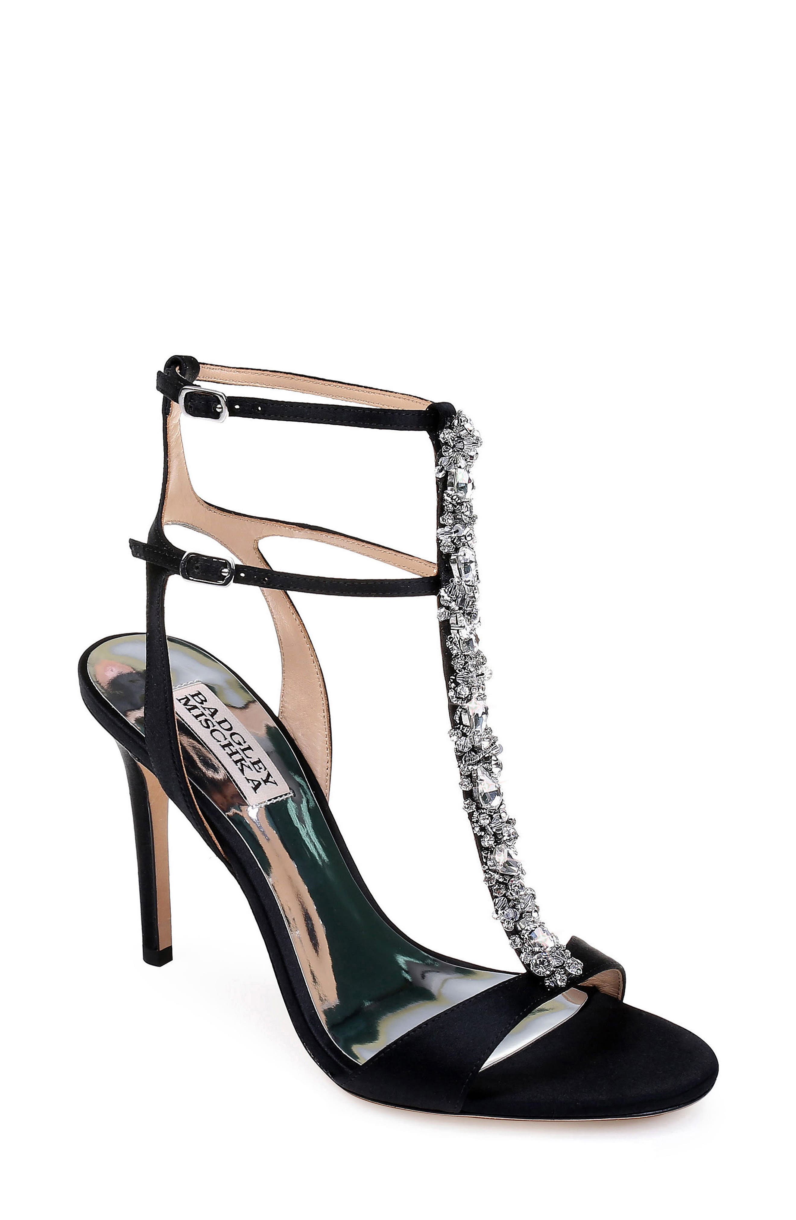 Badgley Mischka Hollow T-Strap Embellished Sandal, Black
