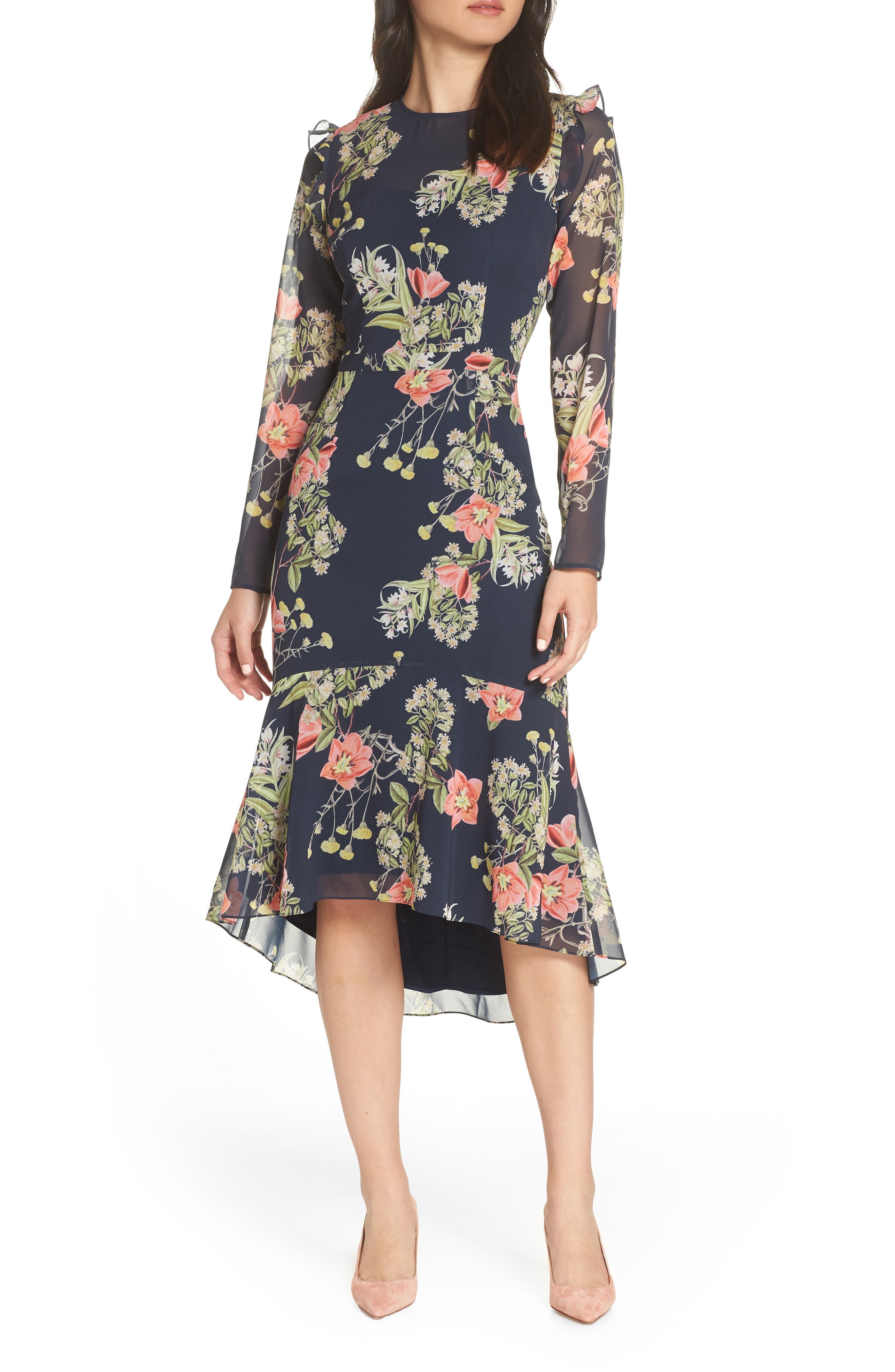 Chelsea28 Floral Ruffle Dress, Blue