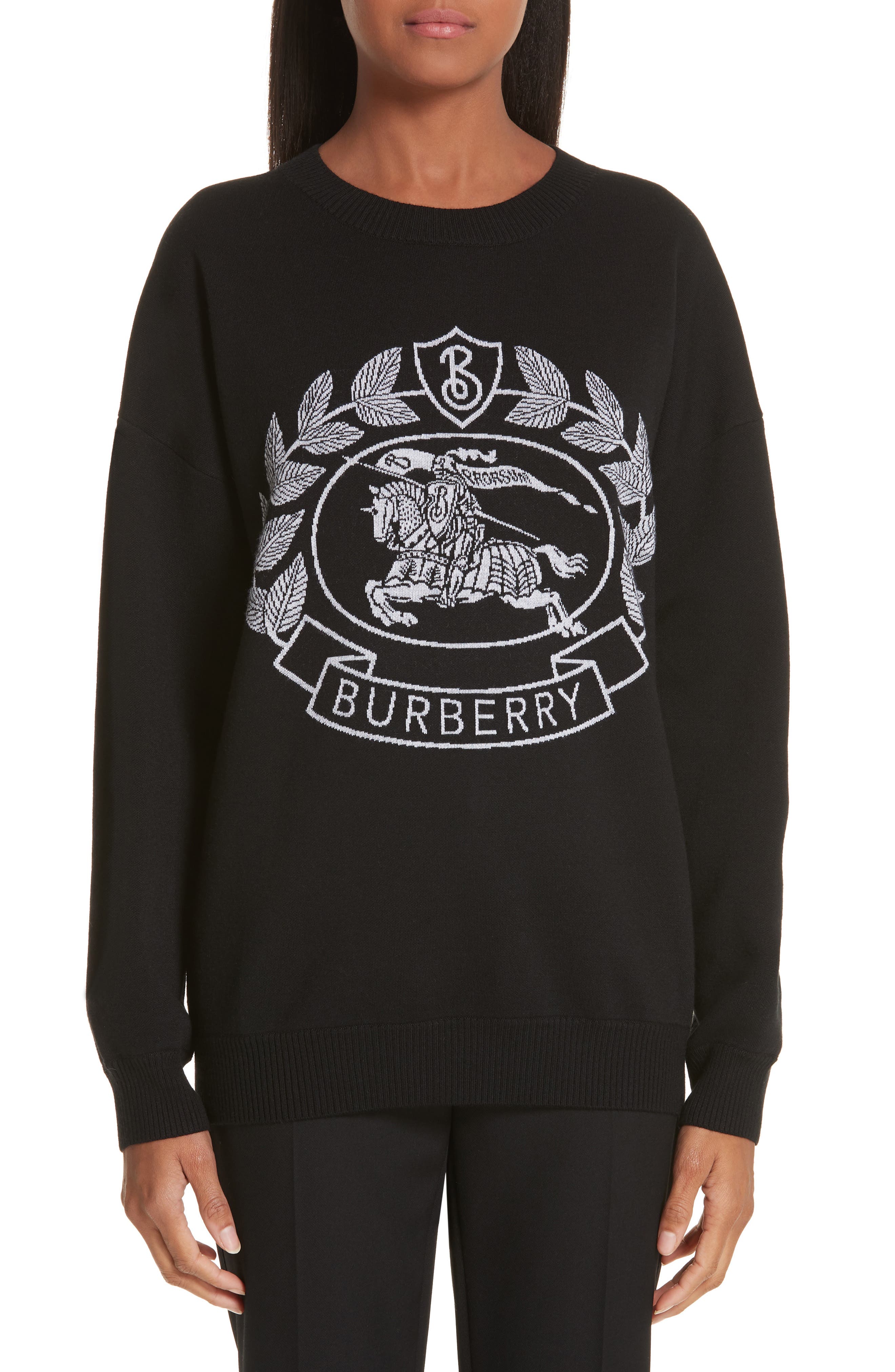 Burberry Bilston Logo Jacquard Merino Wool Blend Sweater, Black