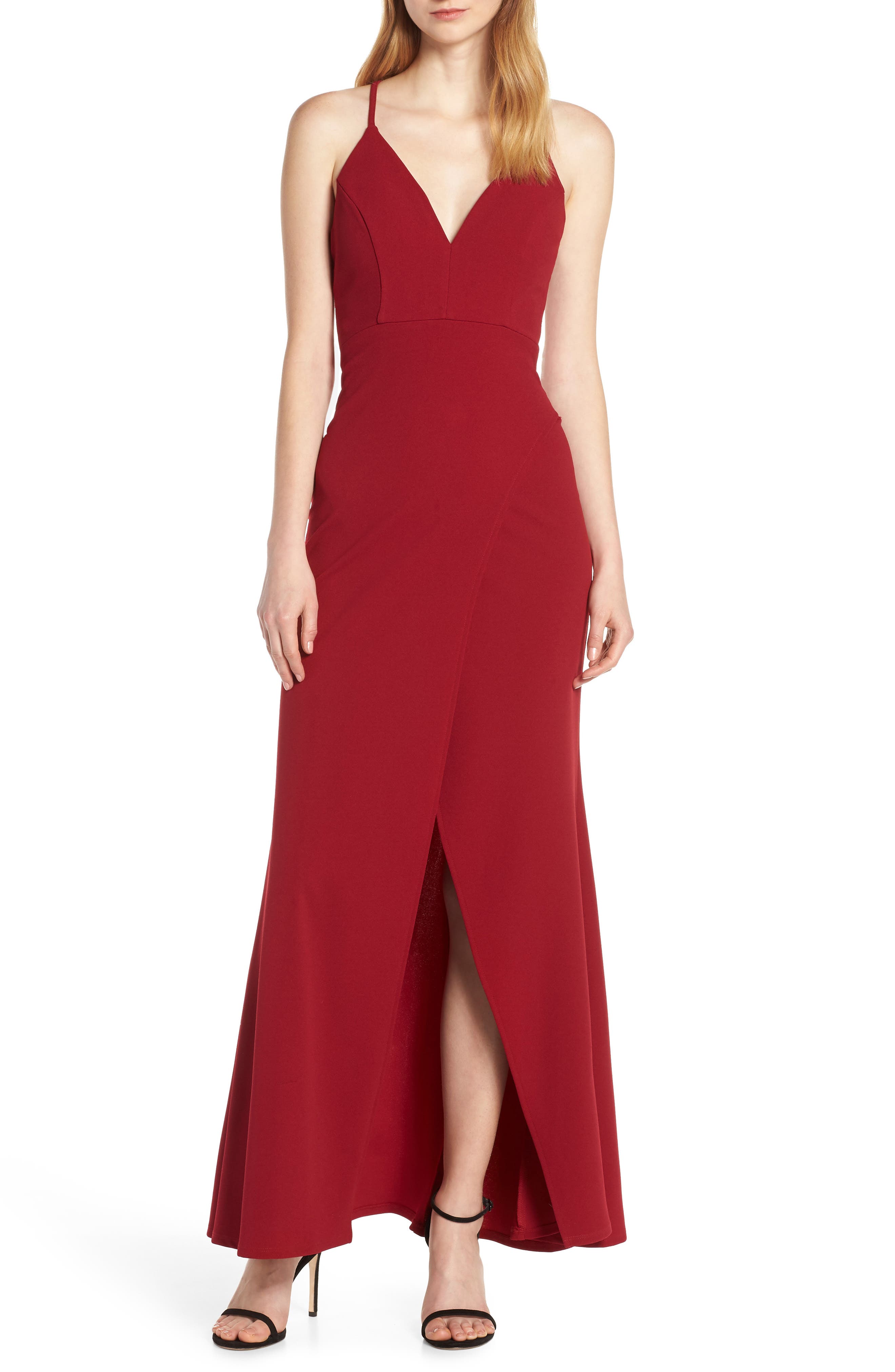 Sequin Hearts Lace & Crepe Halter Evening Dress, Red