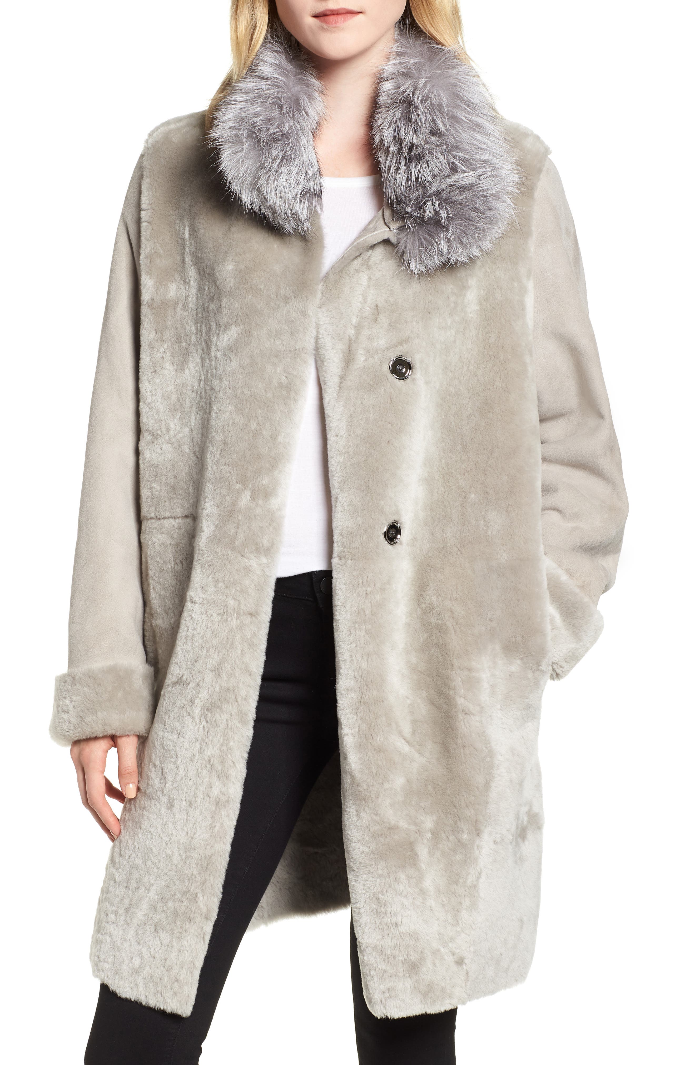 Hiso Lia Genuine Shearling Coat With Genuine Fox Fur, Grey