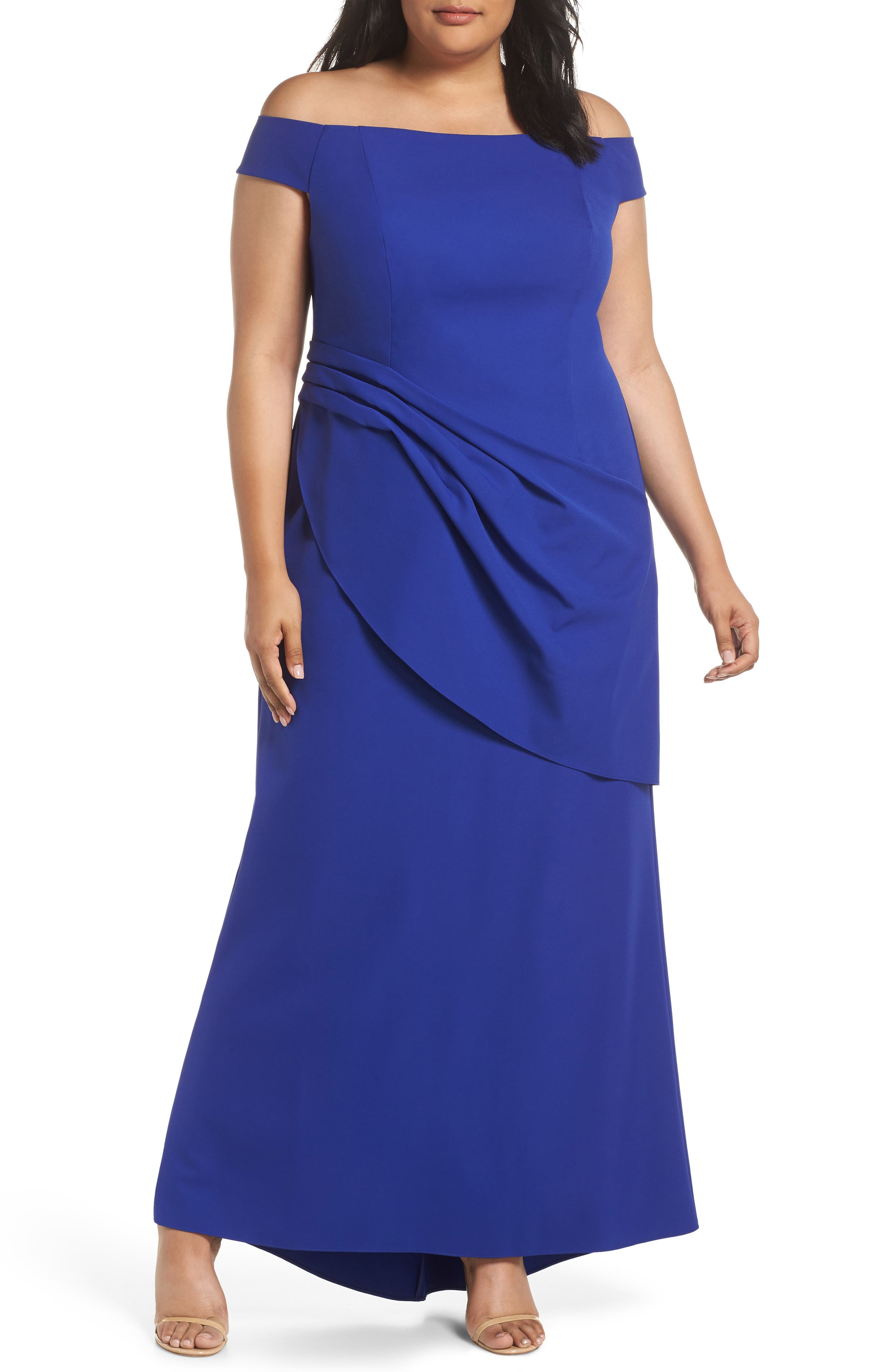 Plus Size Eliza J Draped Off The Shoulder Gown, Blue